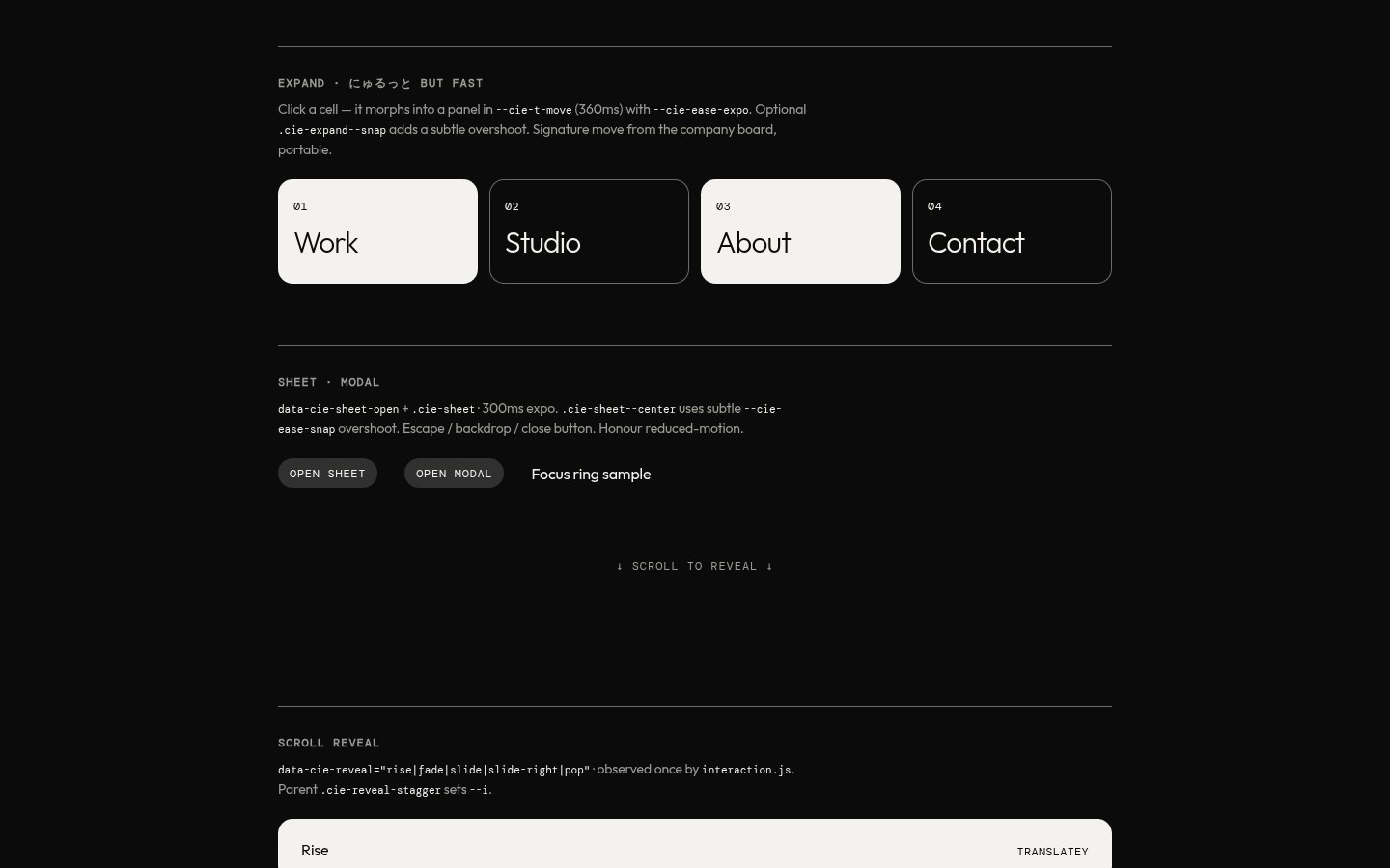 Demo page: the expand board — Work, Studio, About, Contact cells that morph into panels — and the sheet and modal controls