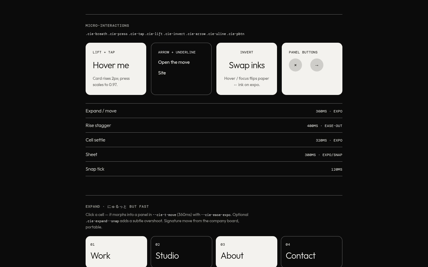 Demo page: micro-interaction cards — lift and tap, arrow and underline, invert, panel buttons — above the timing list: expand 360ms expo, rise stagger 400ms ease-out, cell settle 320ms expo, sheet 300ms, snap tick 120ms