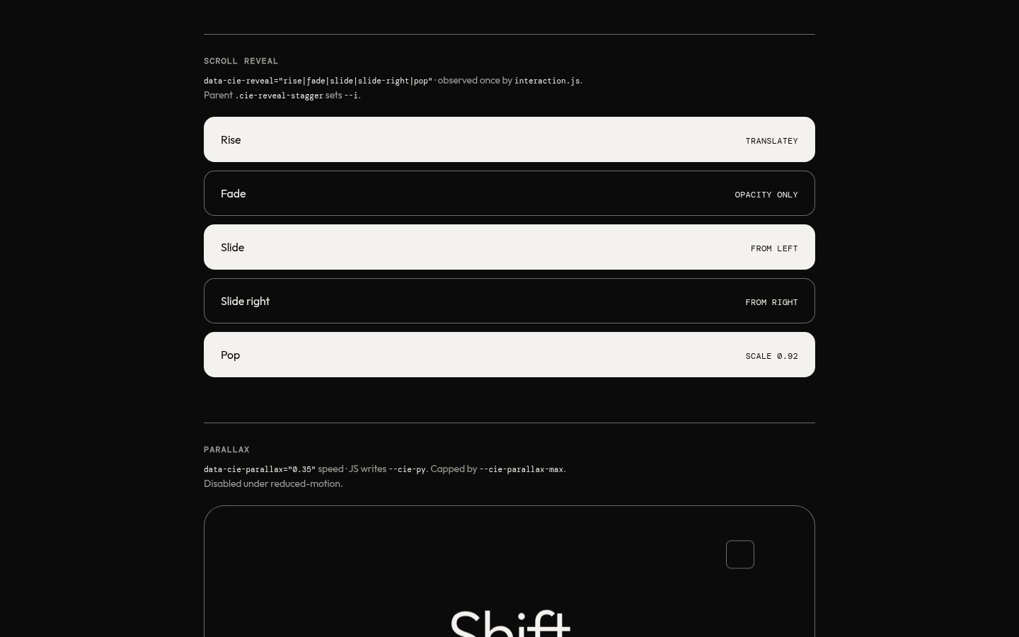 Demo page: the scroll-reveal list, one row per variant — rise, fade, slide, slide right, pop