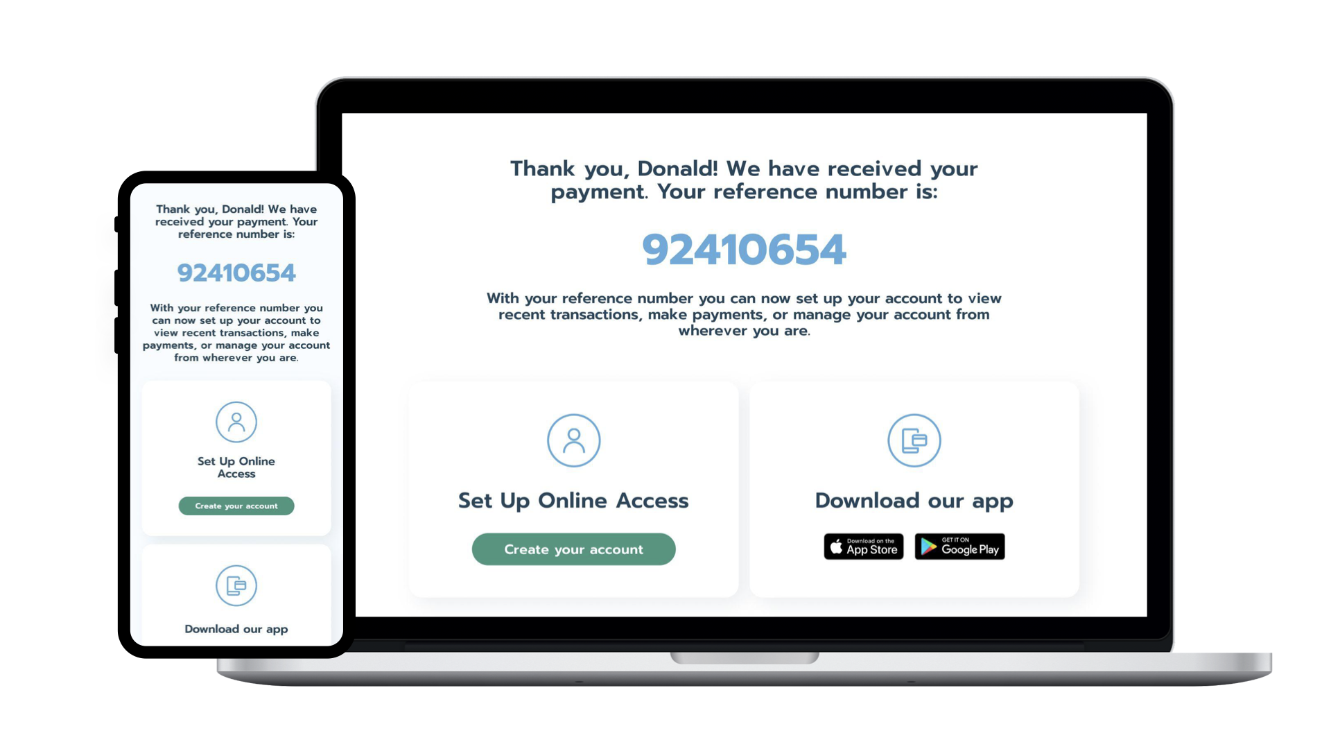 Set up online access — post-payment confirmation screen with CTA