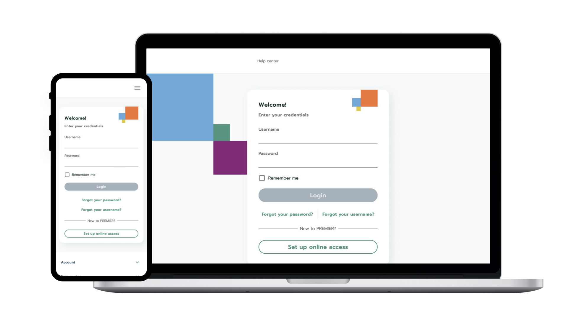 Login — welcome screen with credentials and set up online access CTA