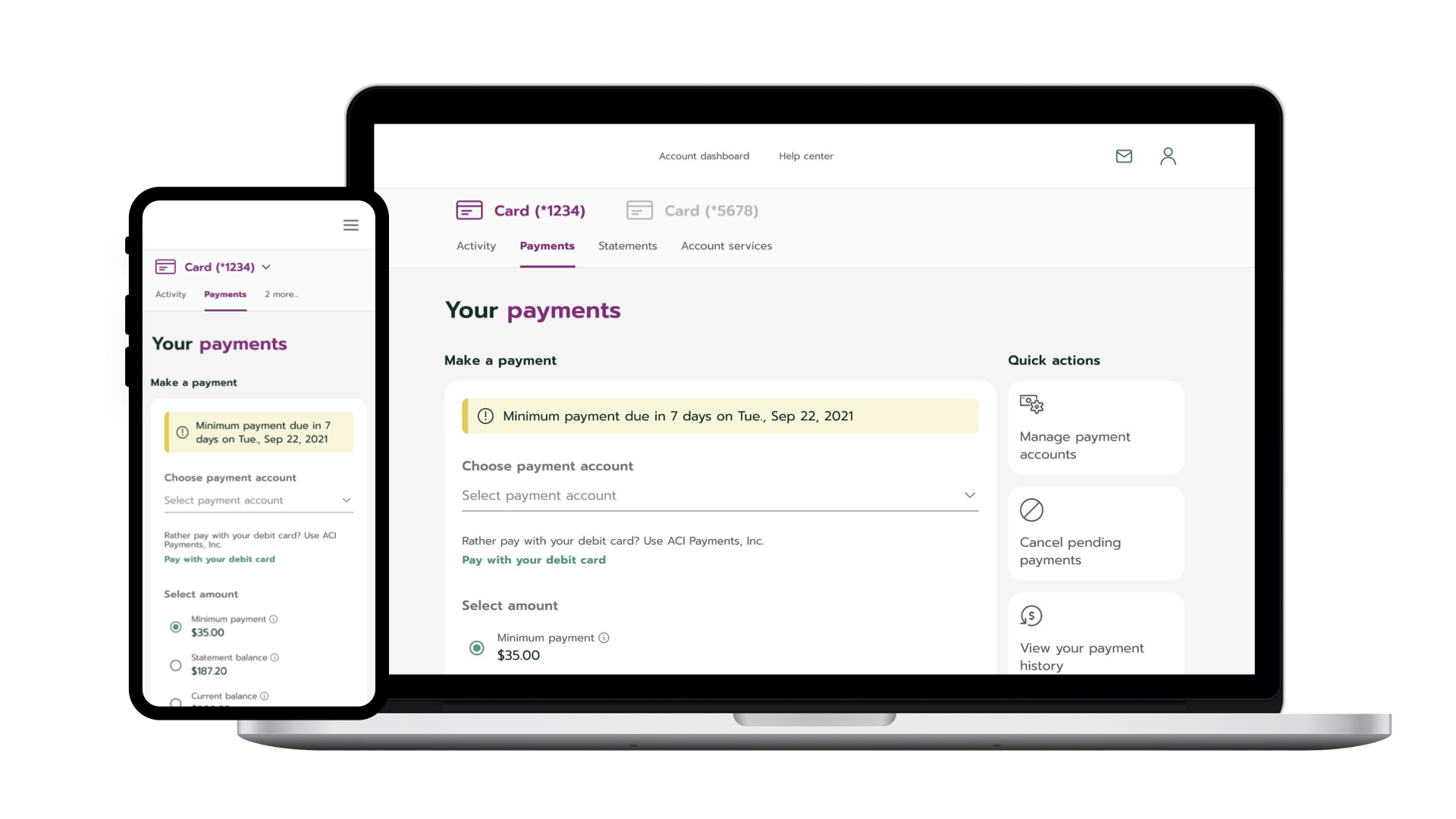 Make a payment — payment screen with amount selection and quick actions