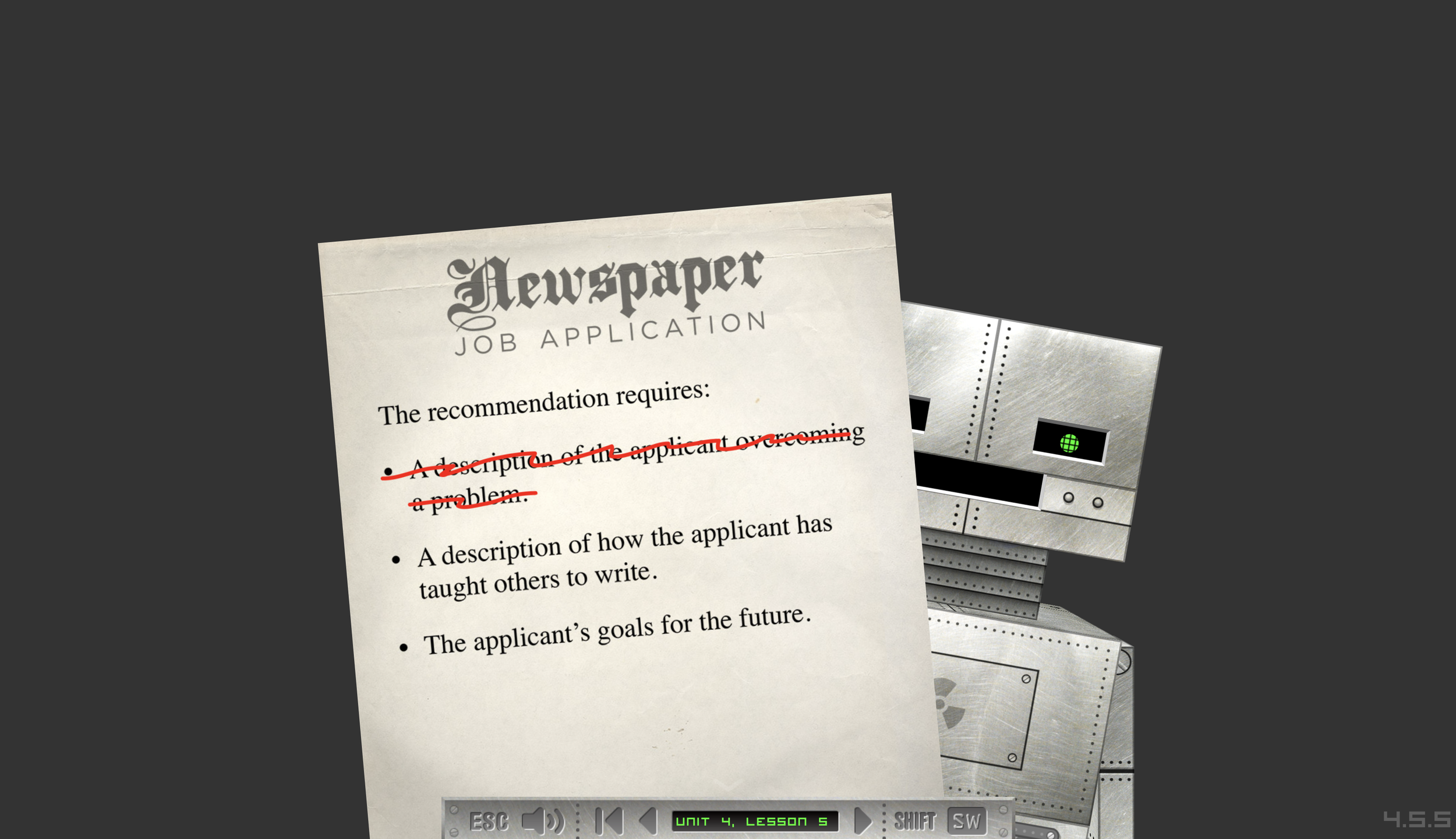 Robot Quest — Newspaper job application lesson