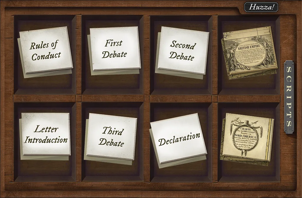The Scripts drawer, a wooden cabinet of labelled files: Rules of Conduct, First Debate, Second Debate, Letter Introduction, Third Debate and Declaration