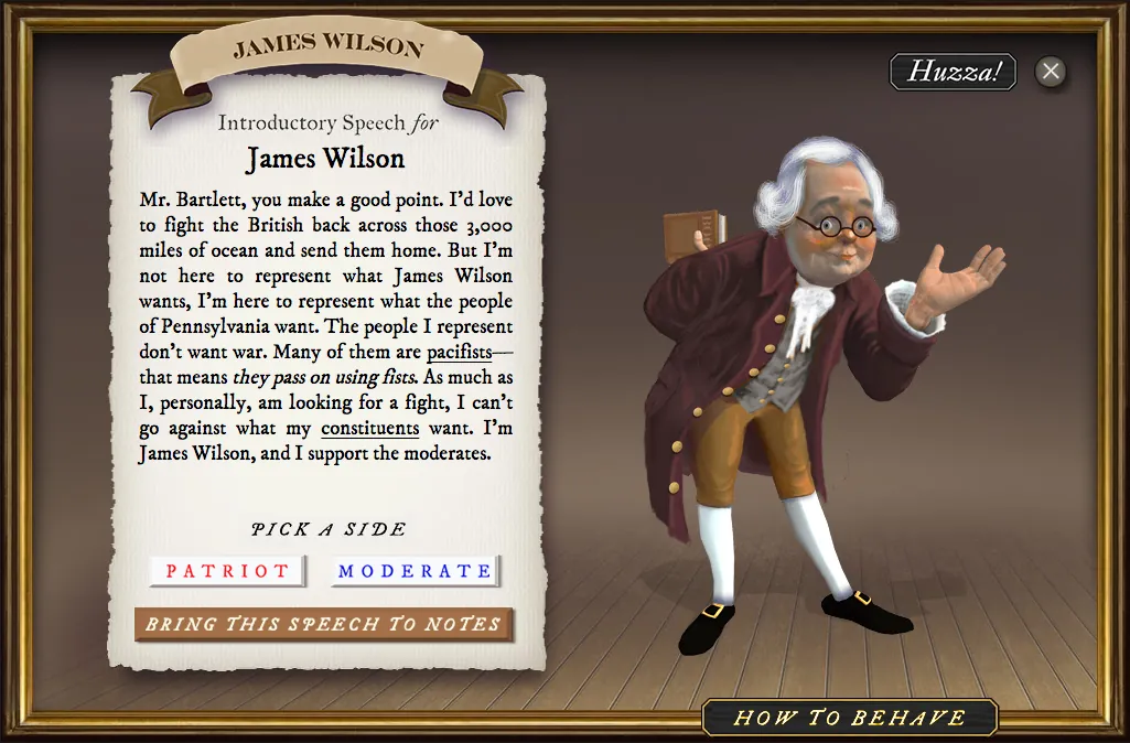 Introductory speech card for delegate James Wilson, with buttons to pick a side: Patriot or Moderate