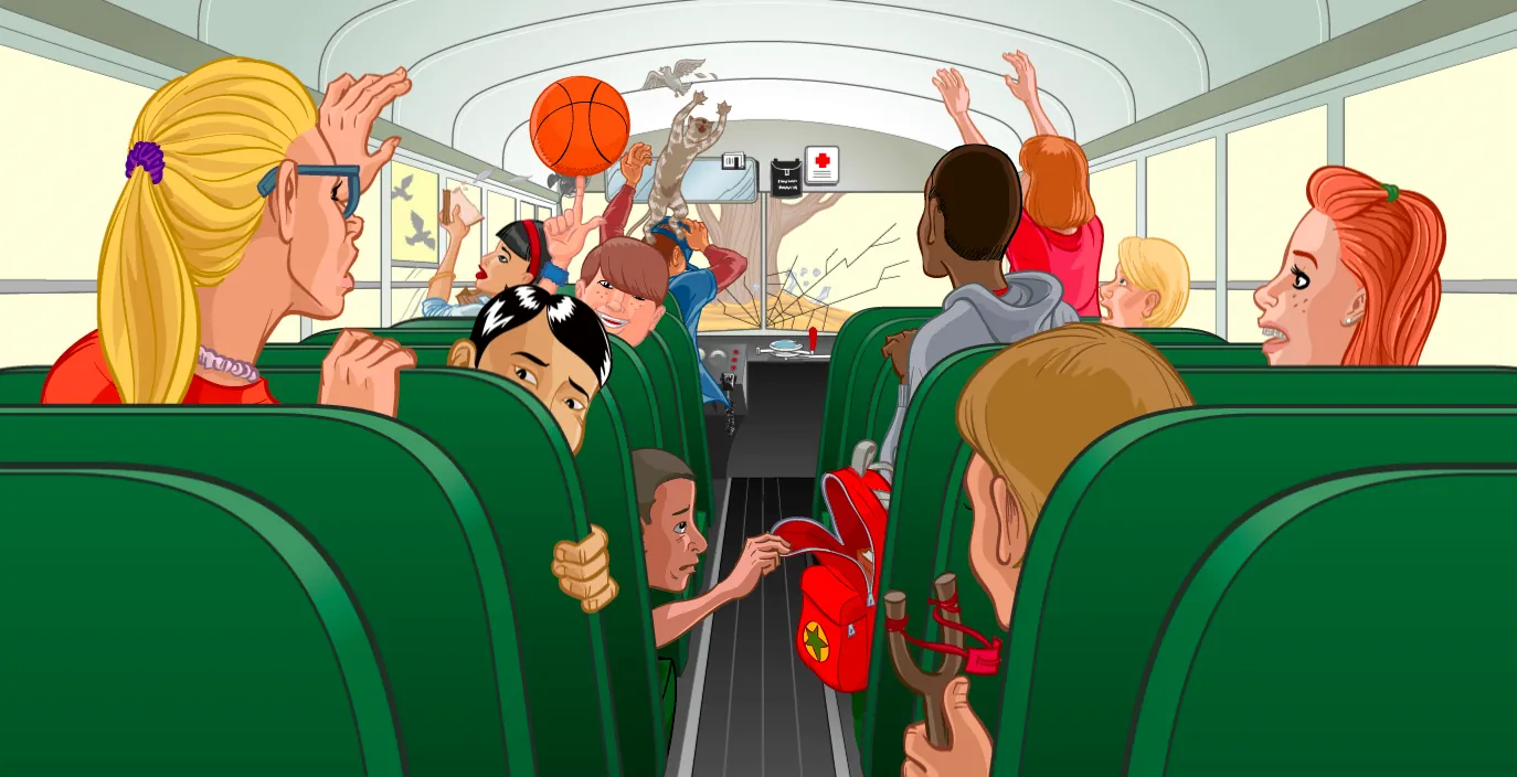 The same bus interior with every fragment — the basketball, the fleeing bird, the backpack, the cat — together in one continuous scene: what actually happened, reconstructed once the five accounts are pooled