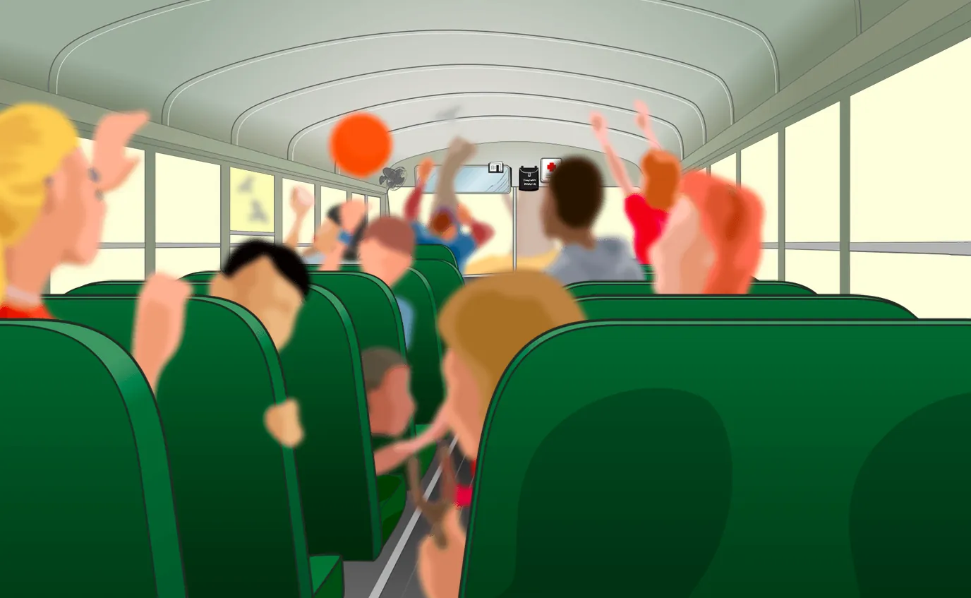 Illustrated bus interior rendered almost entirely out of focus, evoking Dr. P’s visual agnosia