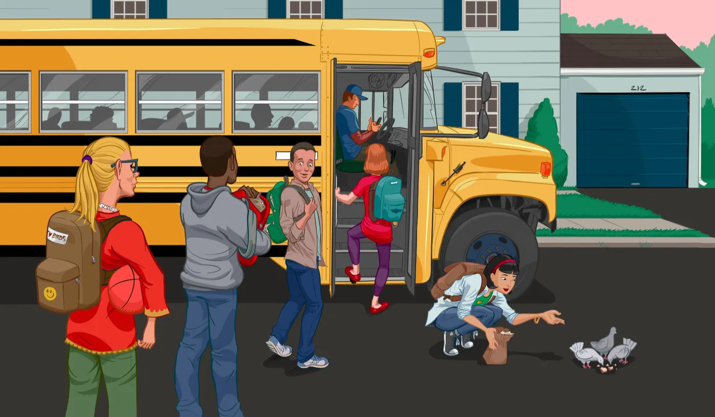 Illustrated scene of students boarding the school bus outside a house, sharp and ordinary — the moment before the crash, the memory Jimmie is stuck inside