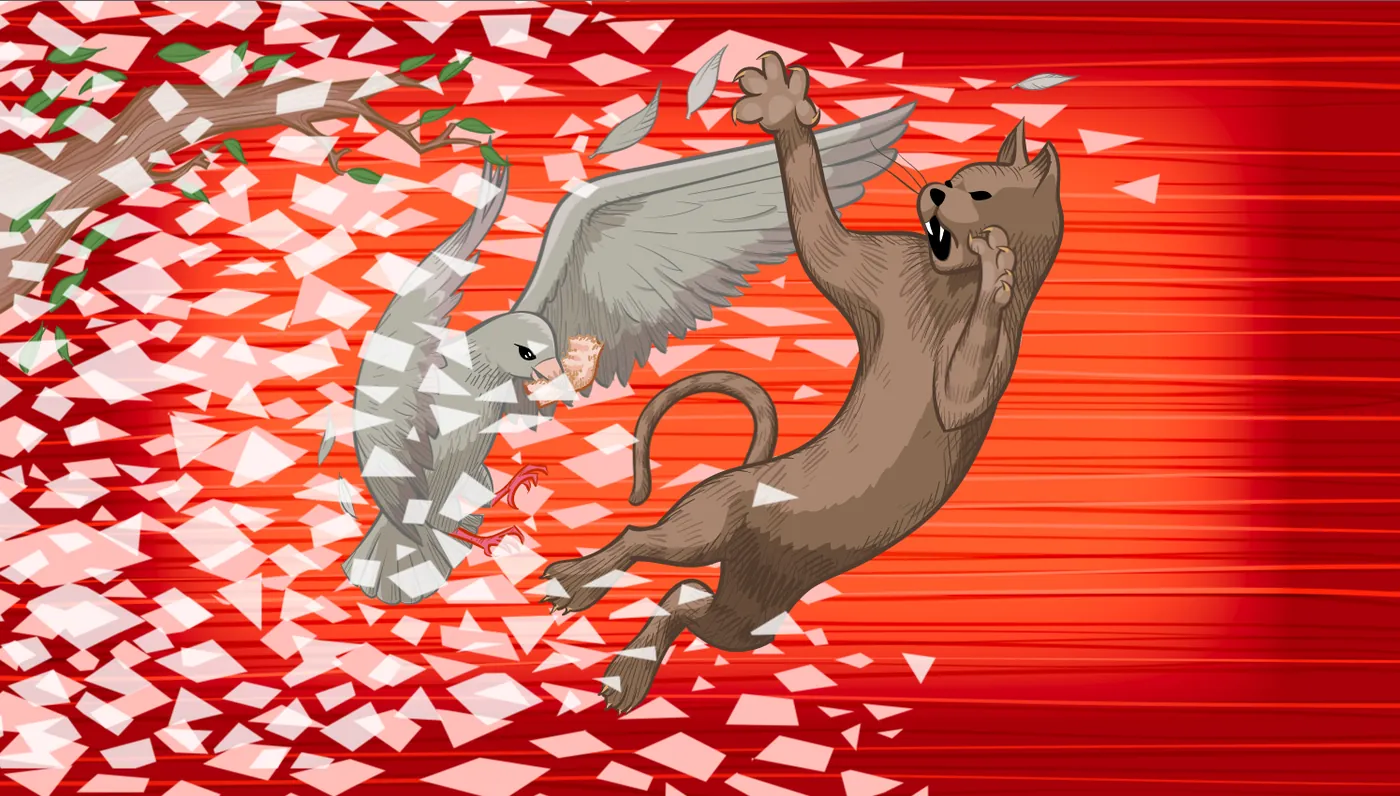 Illustrated mid-air battle between a cat and a dove over a scrap of bread, against a streaking red background — Miguel’s uncontrolled excitement