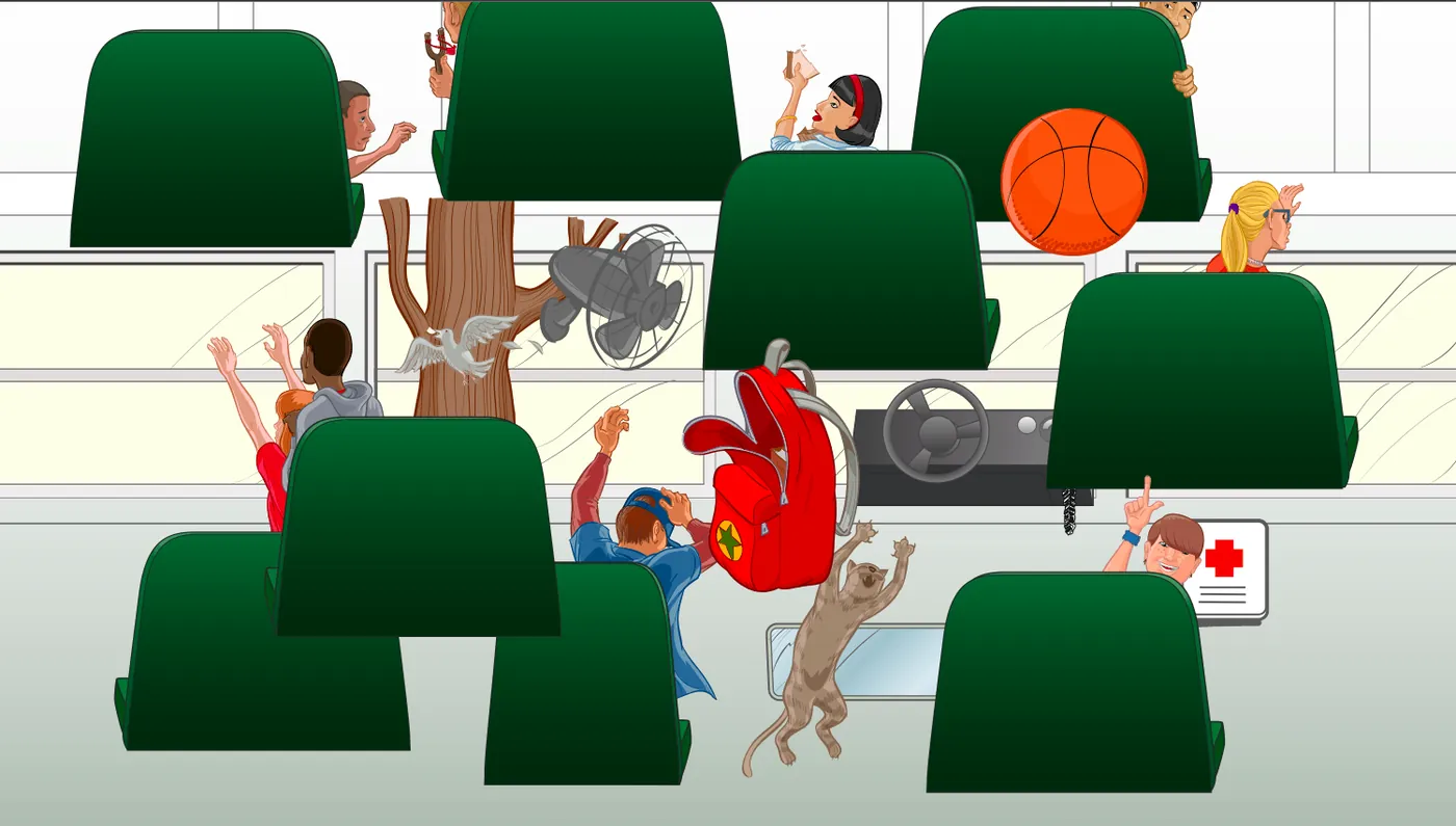 Illustrated bus interior broken into disconnected framed vignettes — a backpack, a basketball, a fan, a bird, a cat — each isolated behind its own seat back, Mrs. B’s indifference
