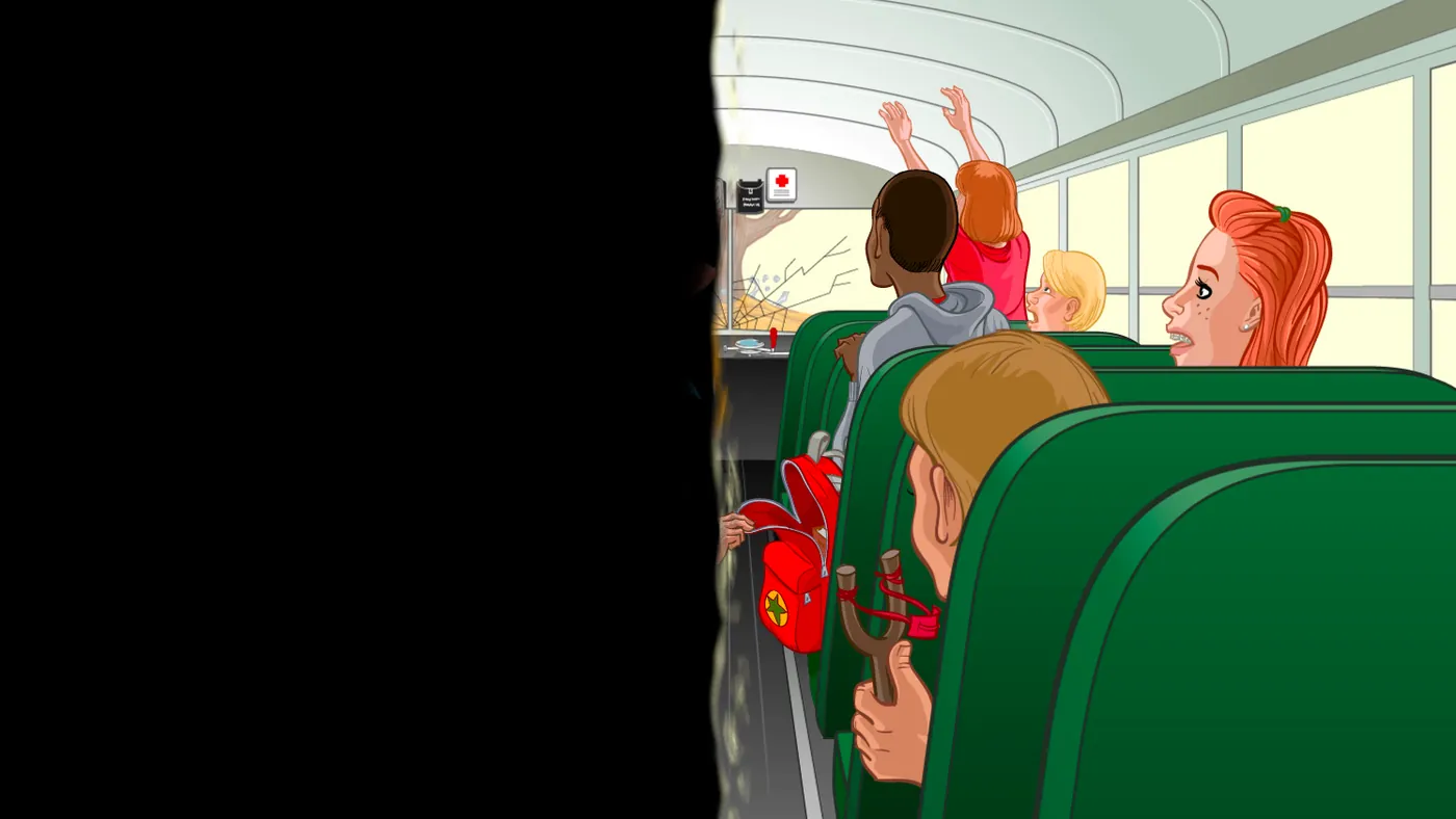 Illustrated bus interior with the left half of the frame missing entirely, replaced by black — Mrs. S’s hemispatial neglect