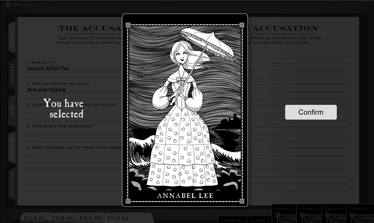 The accusation screen, with the suspect Annabel Lee selected