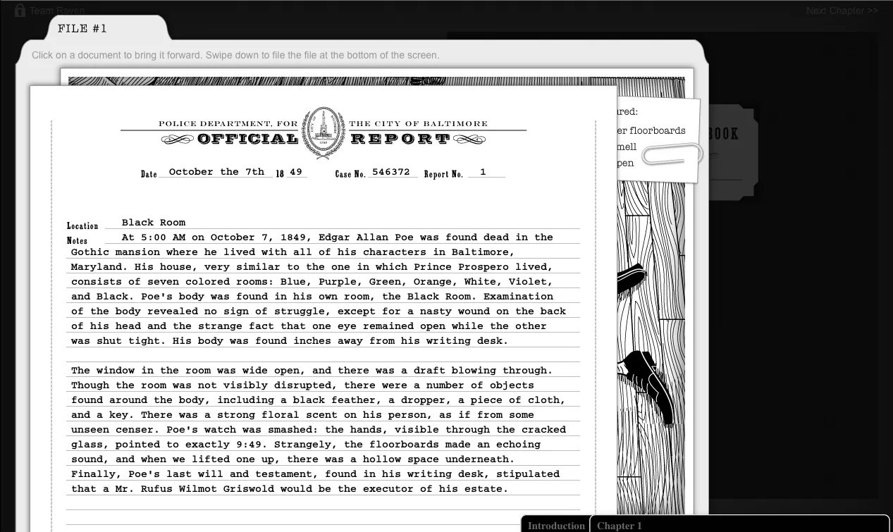 An official Baltimore police report on Poe’s death, one of the case files students read closely