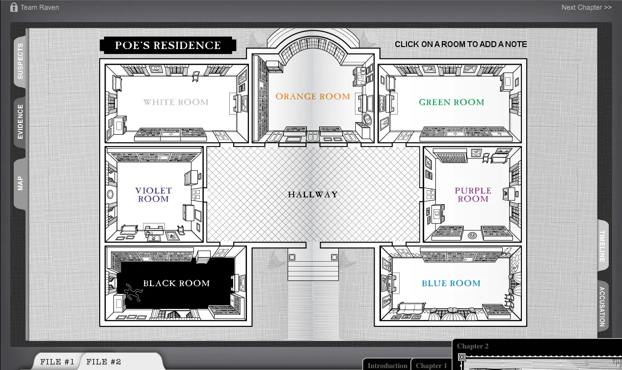 Floor plan of Poe’s residence with colour-named rooms that students click to add notes