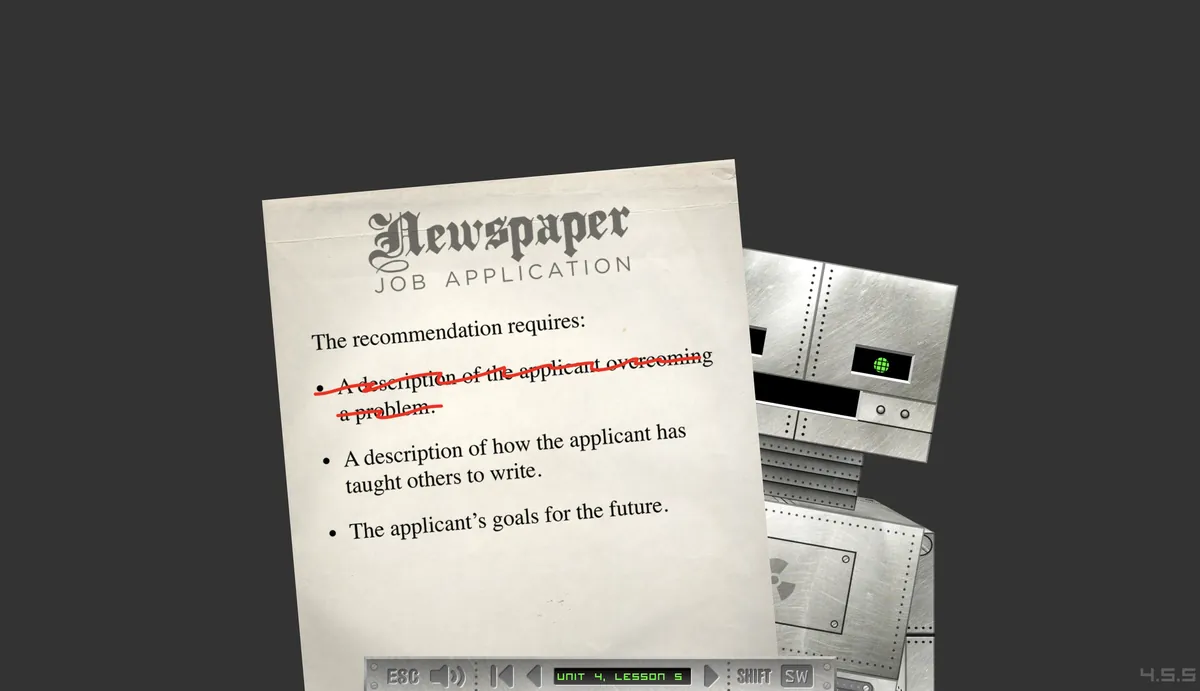 The Robot Quest: a newspaper job-application writing task beside the robot