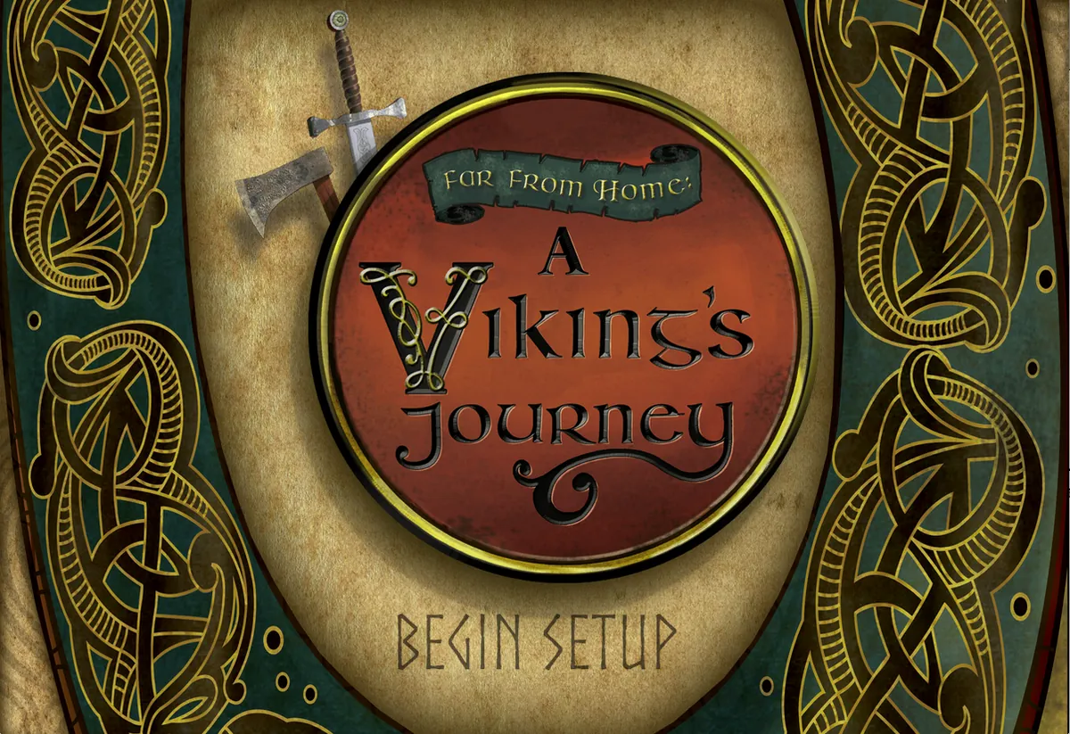 A Viking’s Journey title screen: a round shield with Celtic knotwork and a Begin Setup button