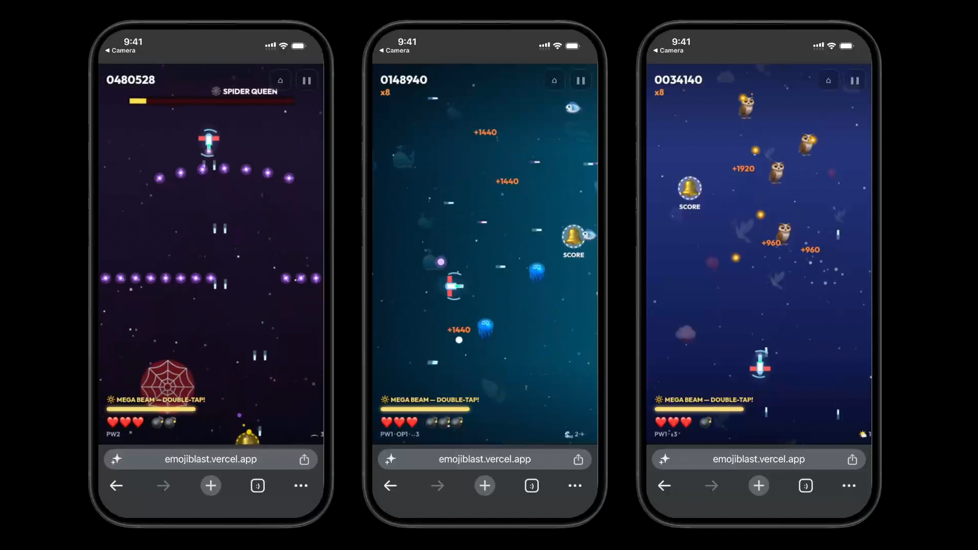 Three phones running Emoji Blast: a Spider Queen boss fight, a score multiplier at x8 among jellyfish, and owls and bell pickups over a night sky
