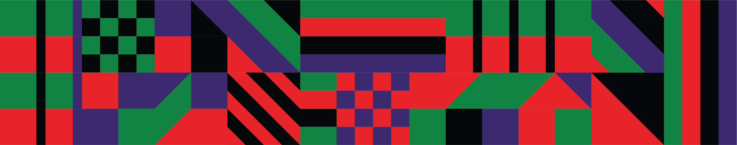 The full fine pattern strip: checks, stripes and diagonals in red, green, purple and black