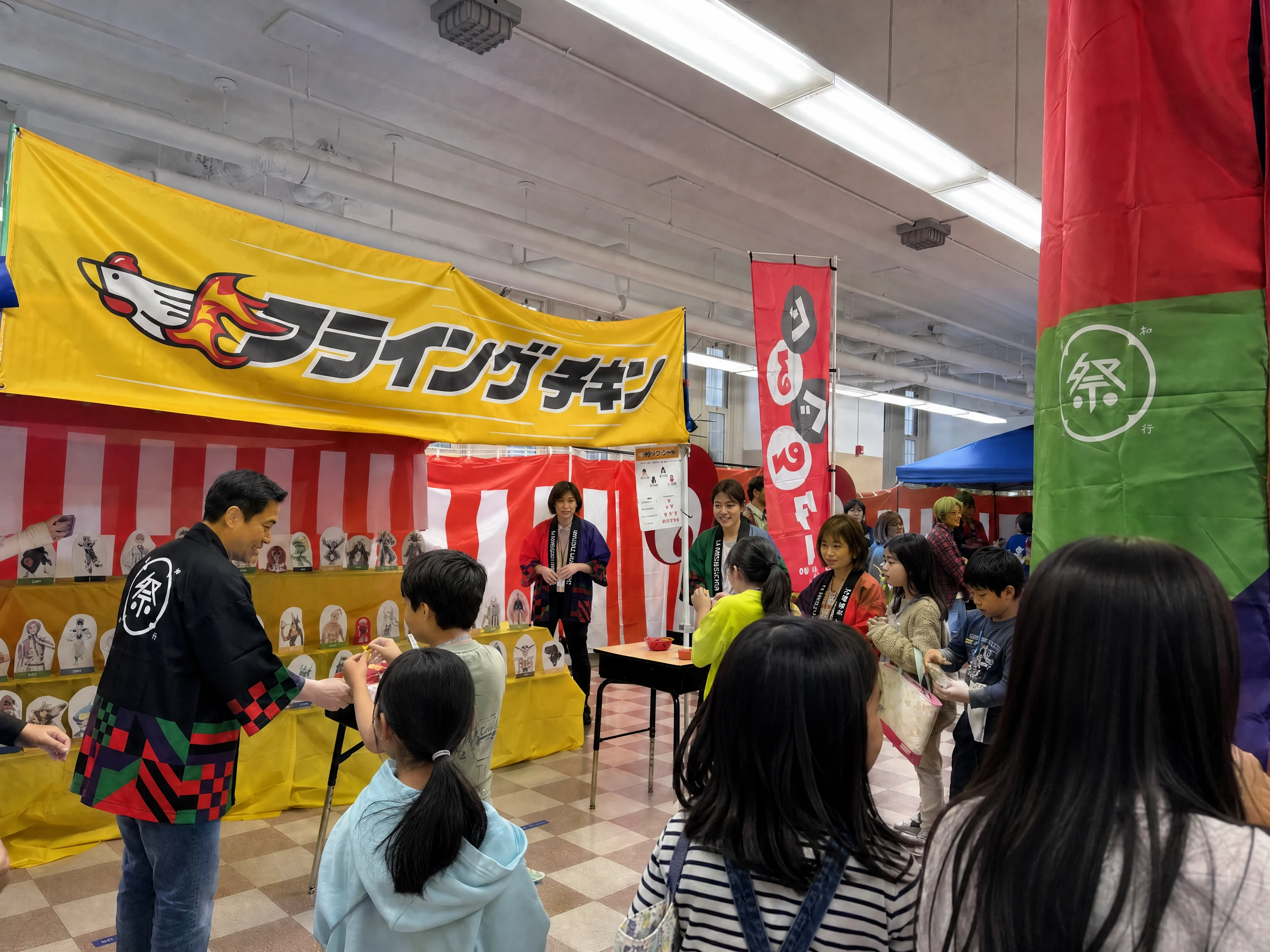 The Flying Chicken tent under its yellow noren, children lined up at the shelf of targets