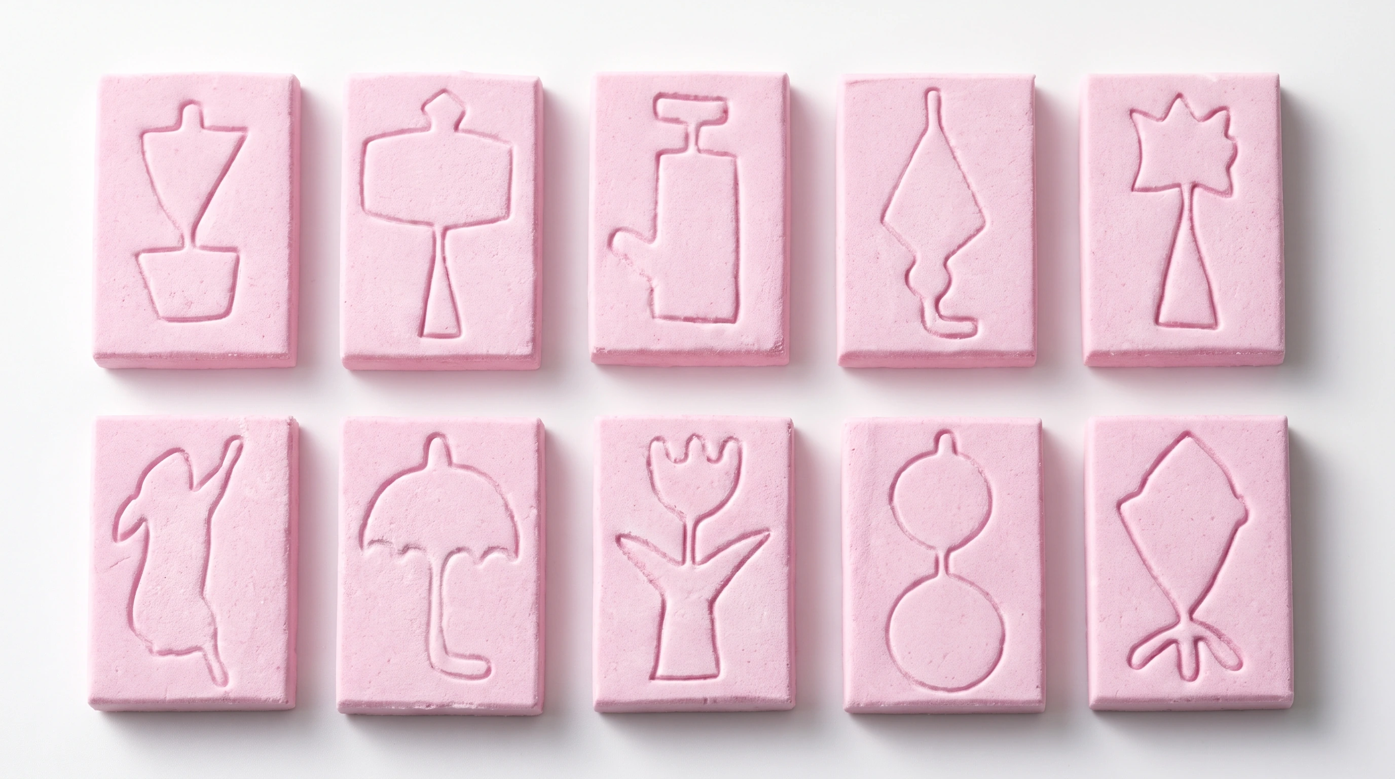 Ten pink katanuki tablets with embossed shapes: a kite, a bottle, a rabbit, an umbrella, a flower, a gourd and more