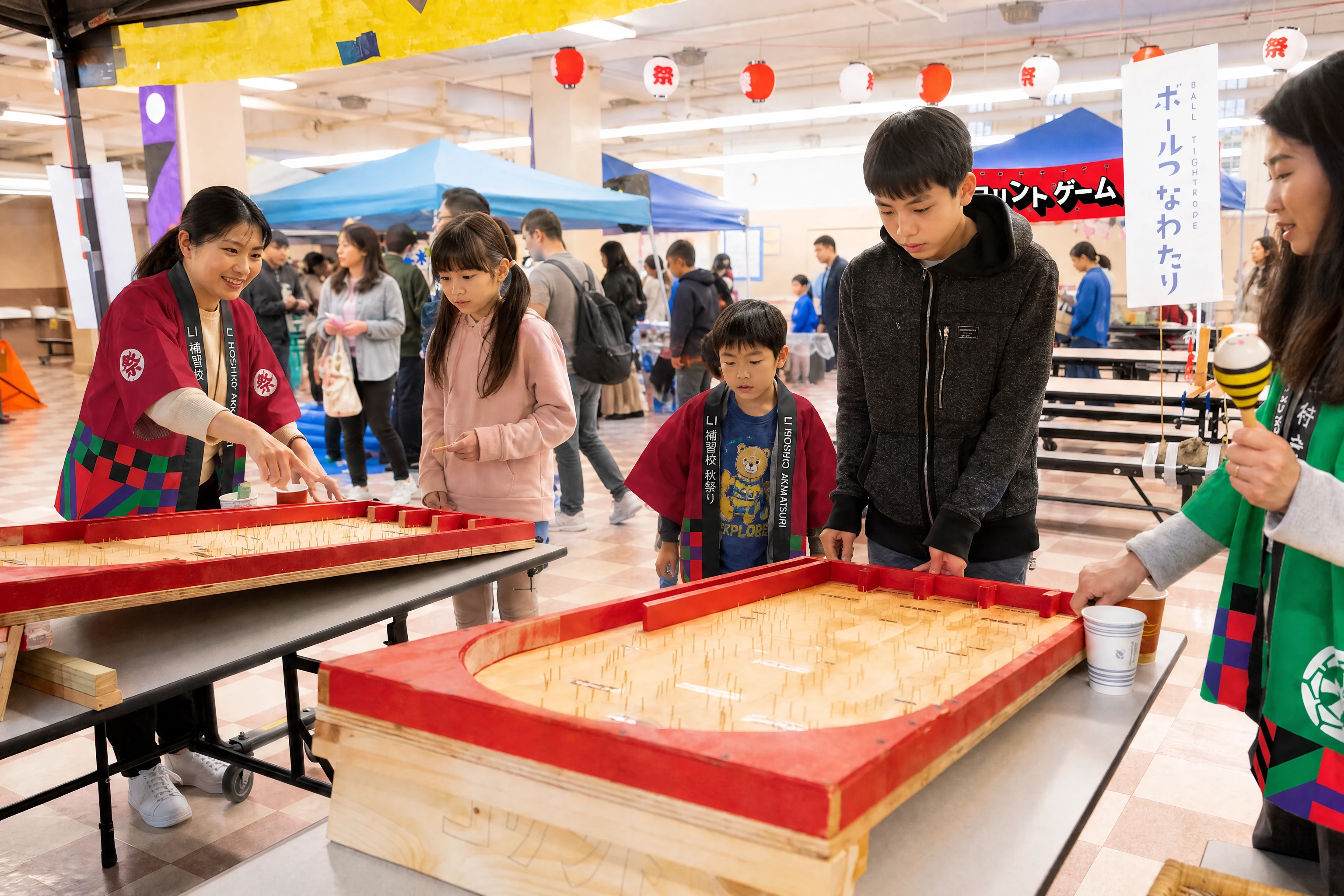 Players leaning over the red-framed Korinto boards while a volunteer explains the scoring