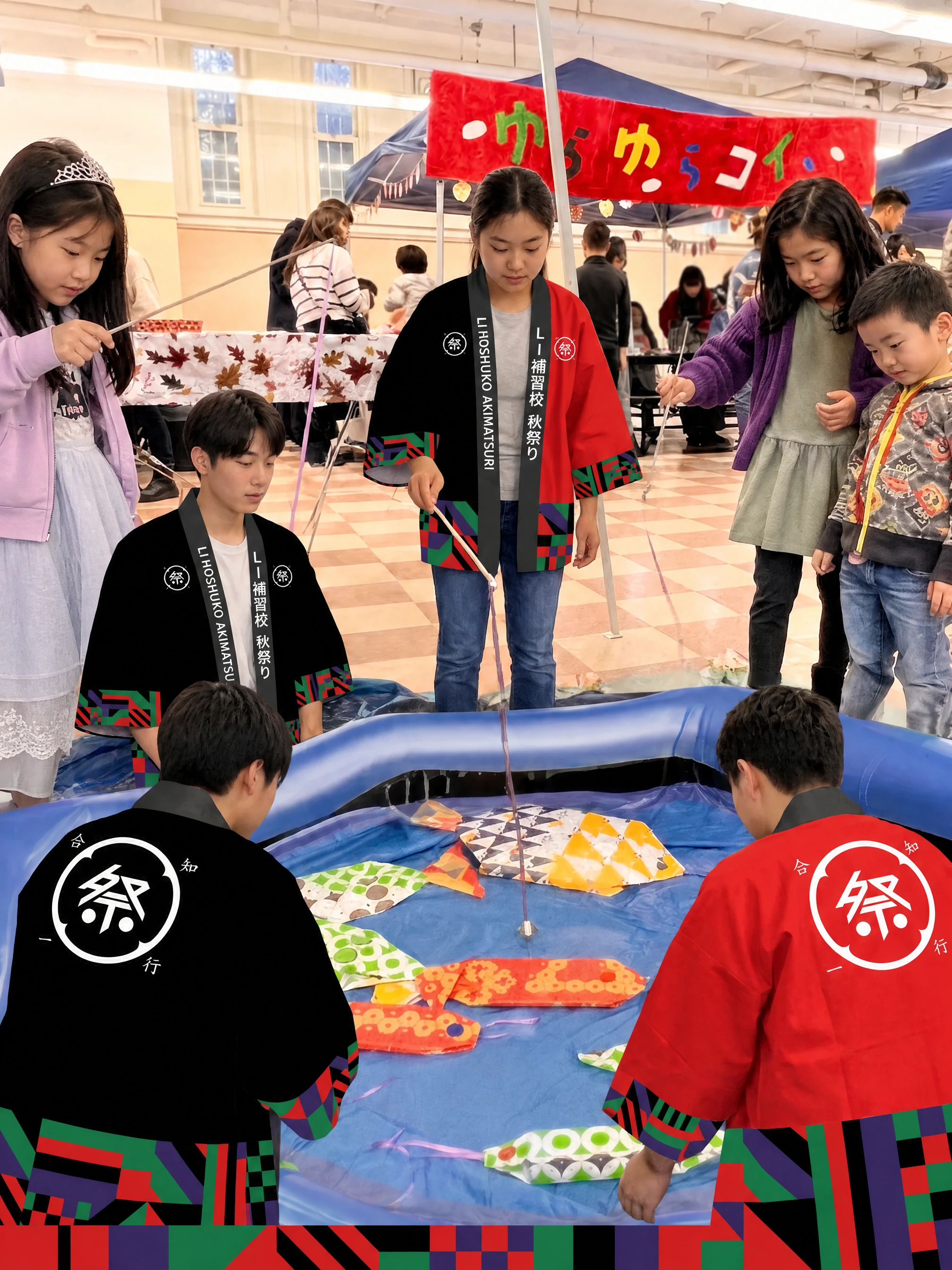 Children fishing from a paddling pool of paper fish with small rods