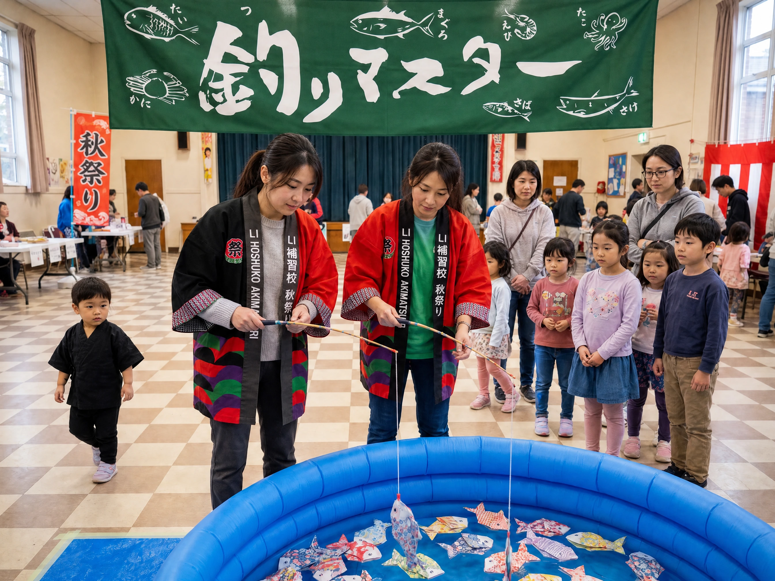 Two players reaching over a blue pool of paper fish with long rods
