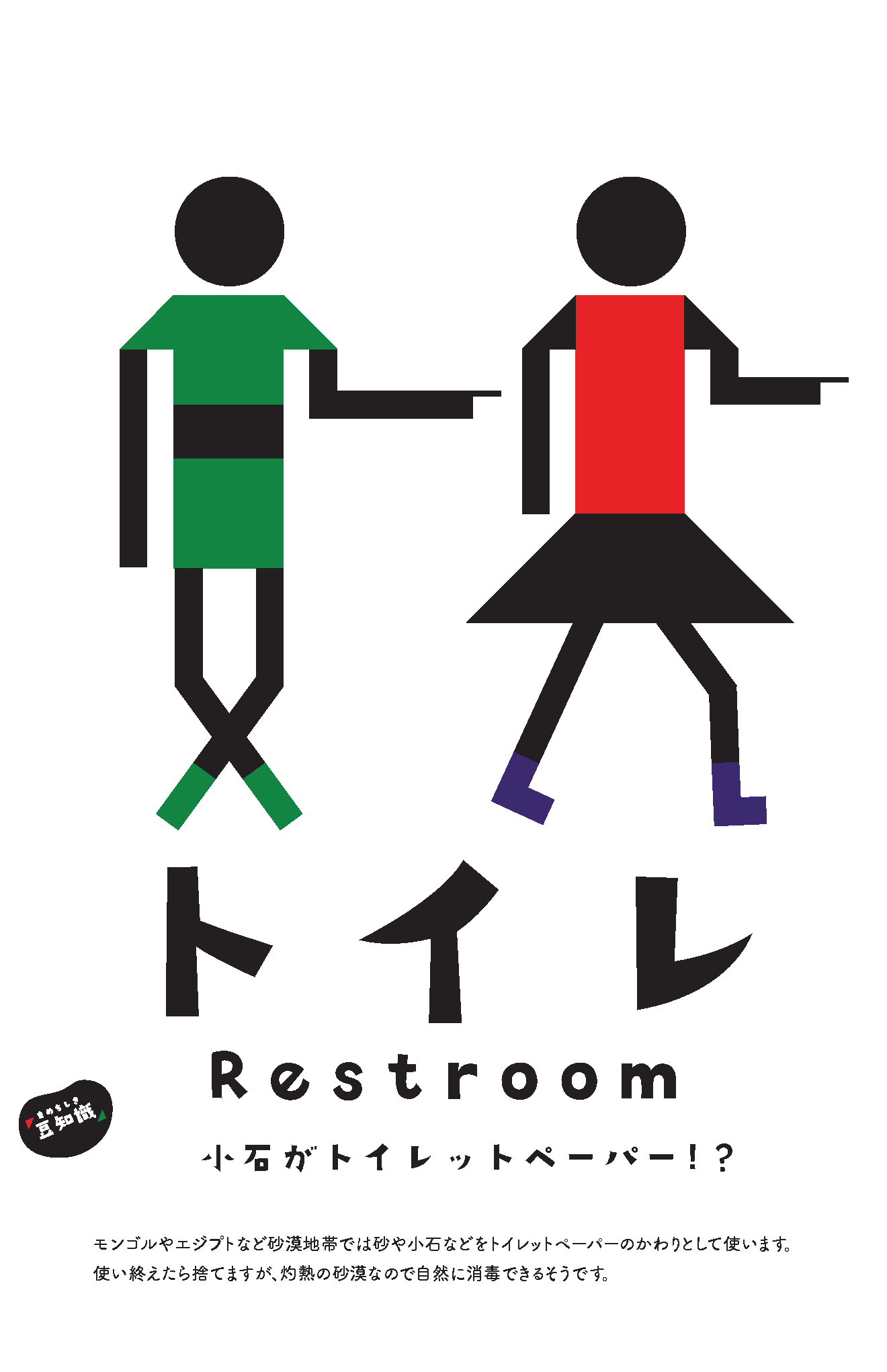 Restroom wayfinding sign — pebbles as toilet paper trivia