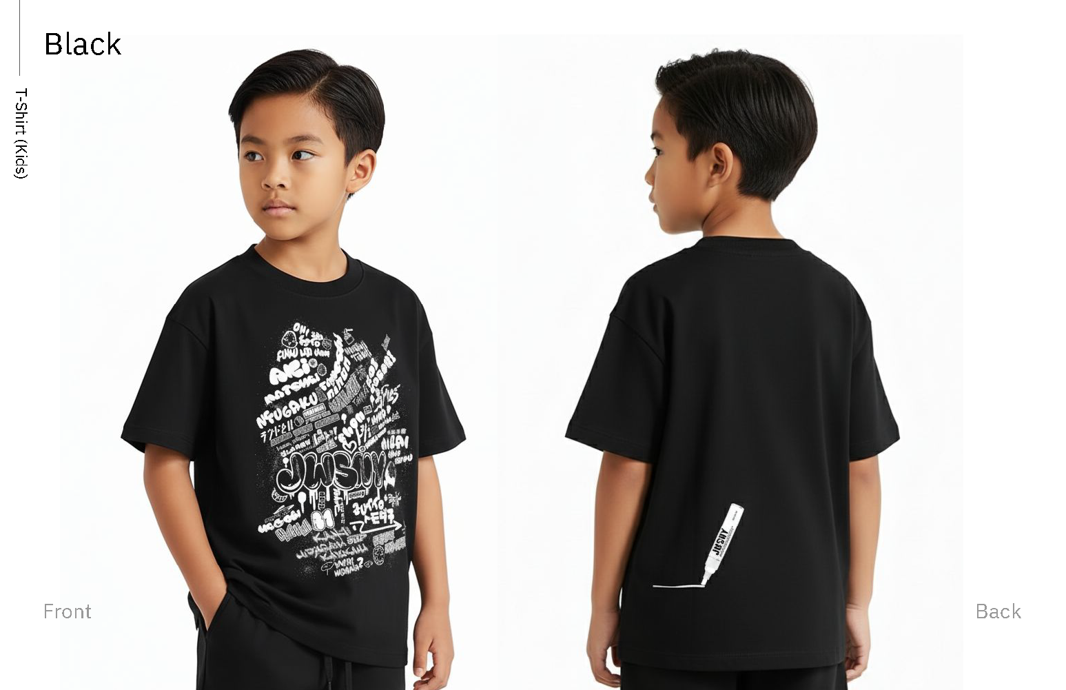 Black T-shirt, kids colorway, front and back