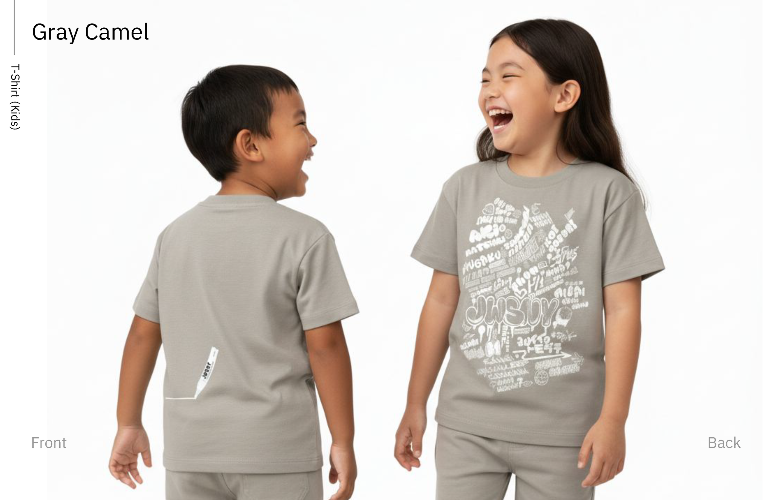 Gray Camel T-shirt, kids colorway, front and back