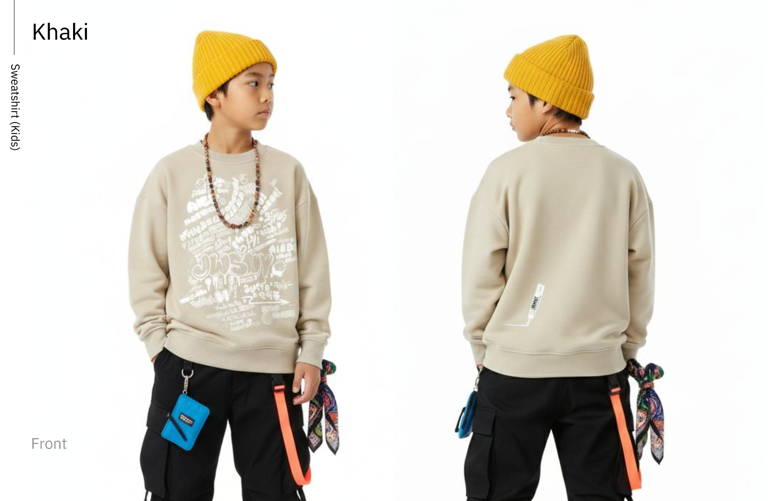Khaki crewneck sweatshirt, kids colorway, front and back