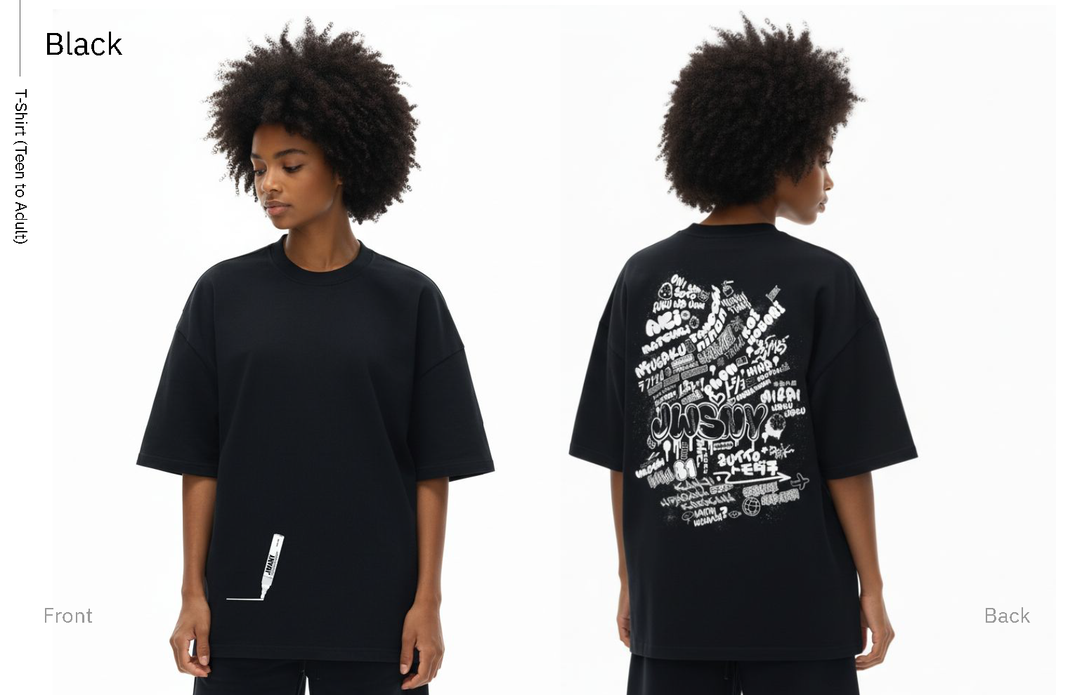 Black T-shirt, teen to adult colorway, front and back