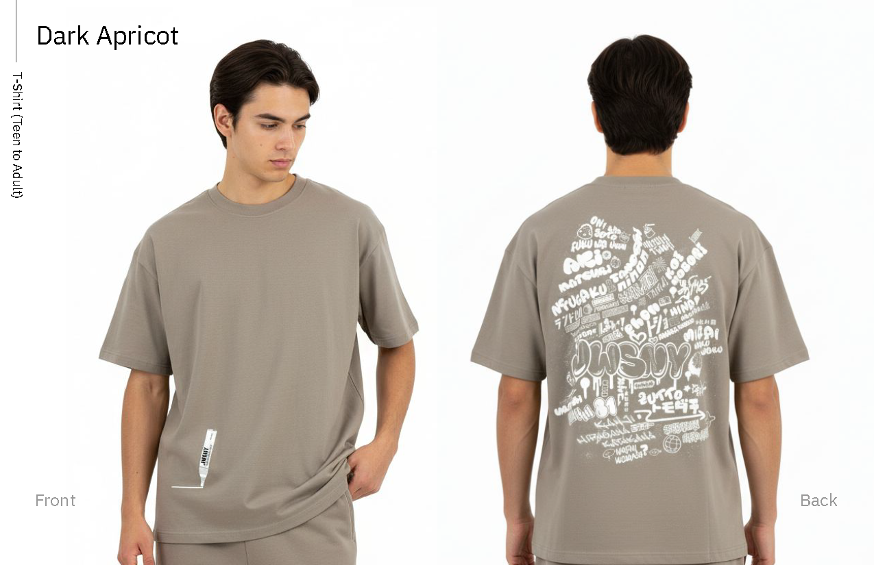 Dark Apricot T-shirt, teen to adult colorway, front and back
