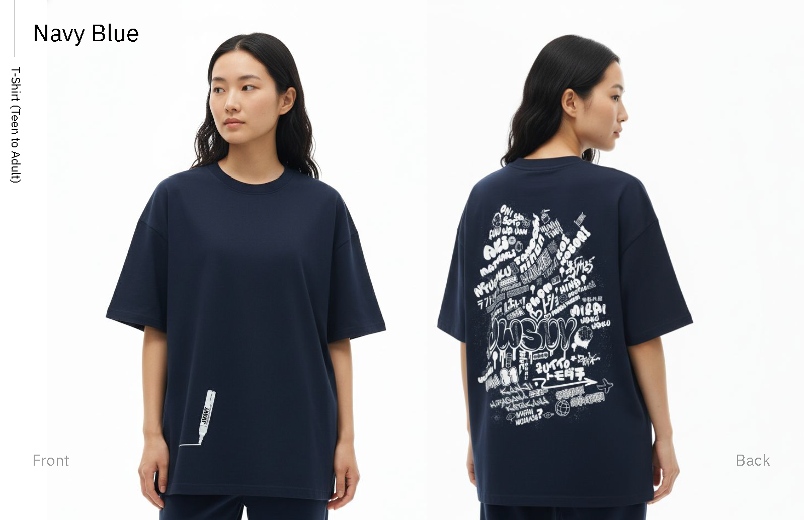 Navy Blue T-shirt, teen to adult colorway, front and back