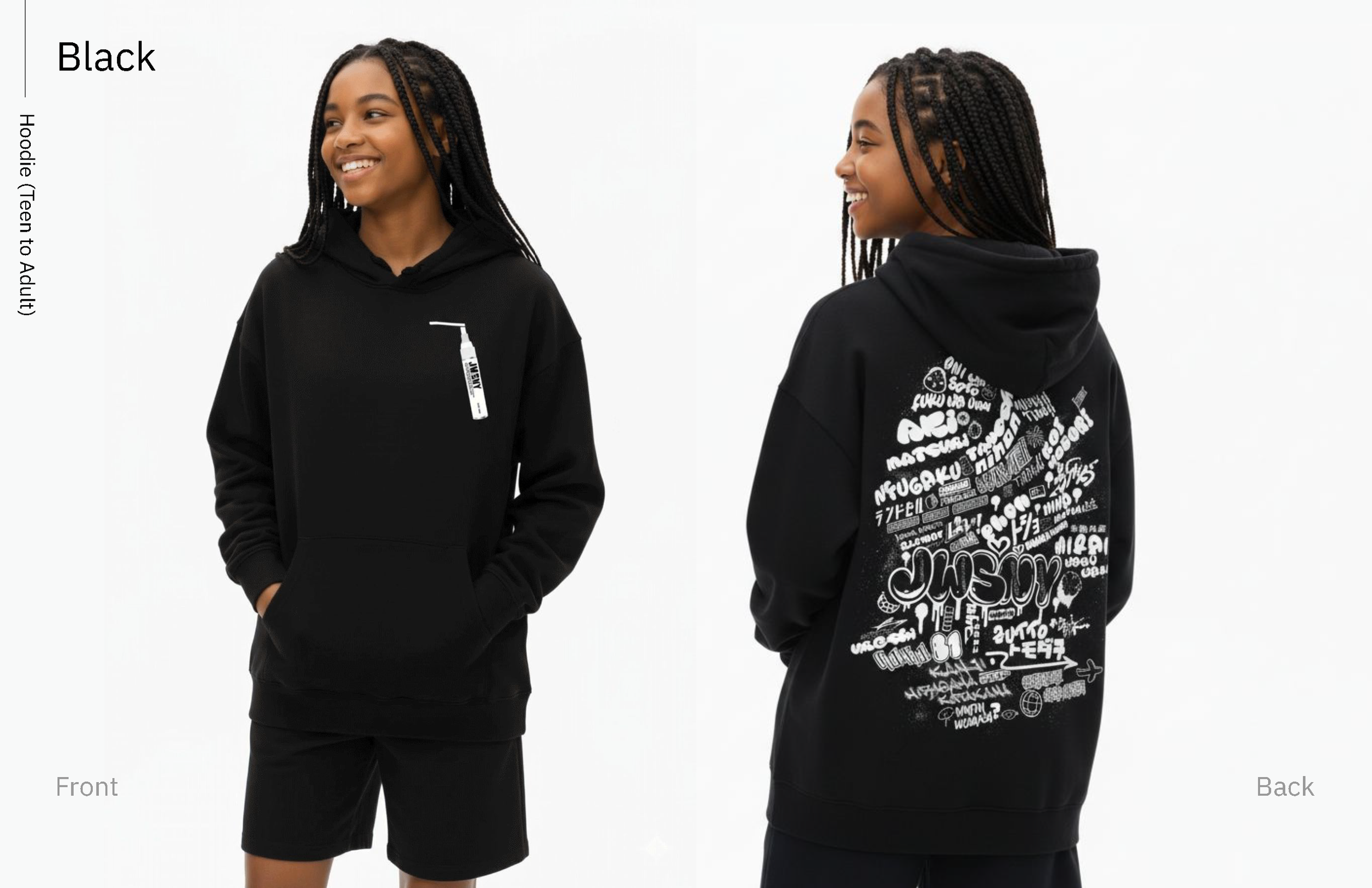 Black hoodie, teen to adult colorway, front and back