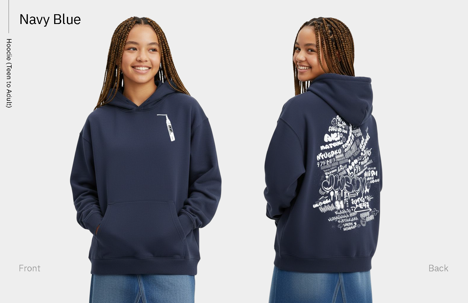 Navy Blue hoodie, teen to adult colorway, front and back