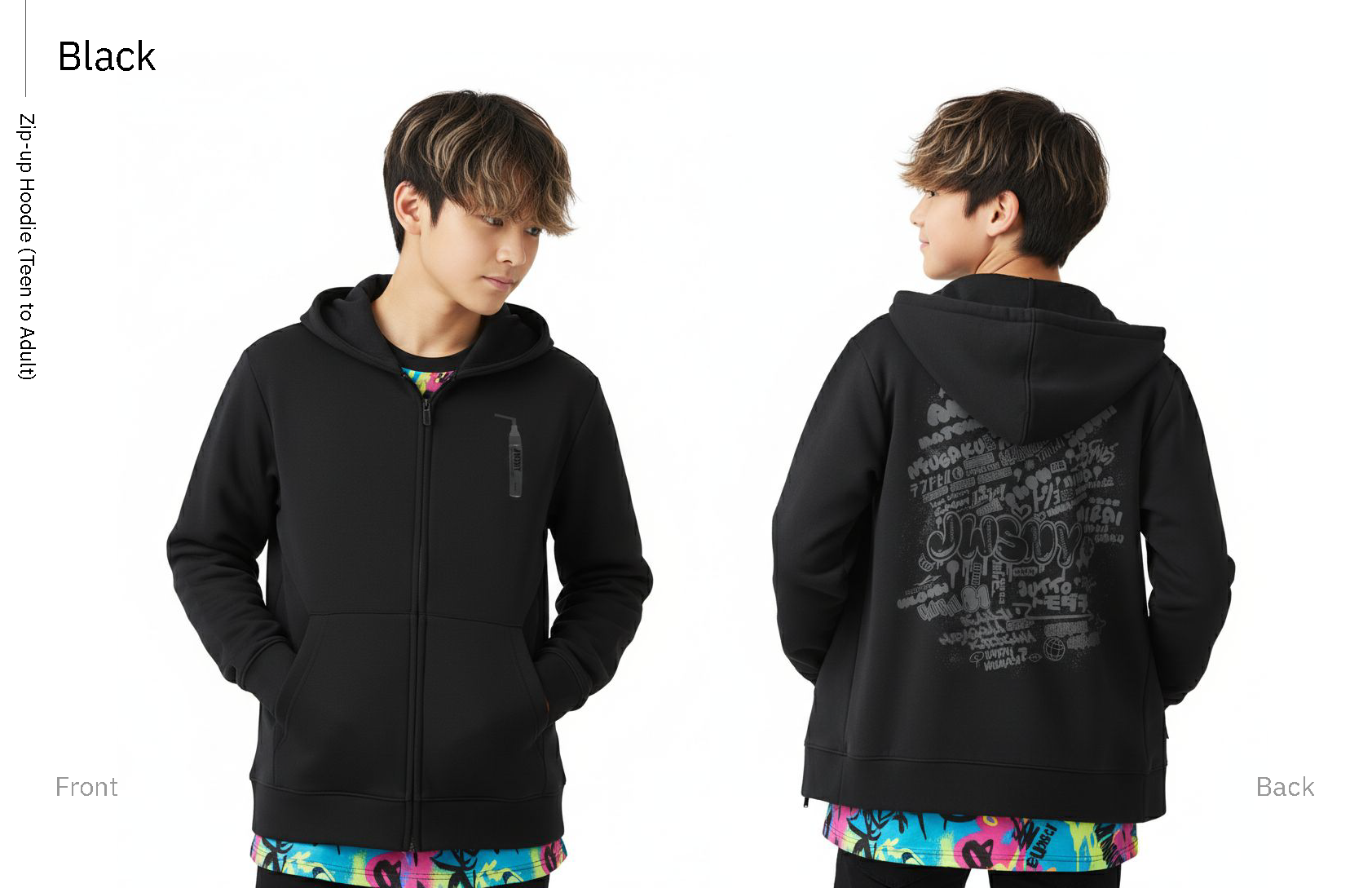 Black zip-up hoodie, teen to adult colorway, front and back