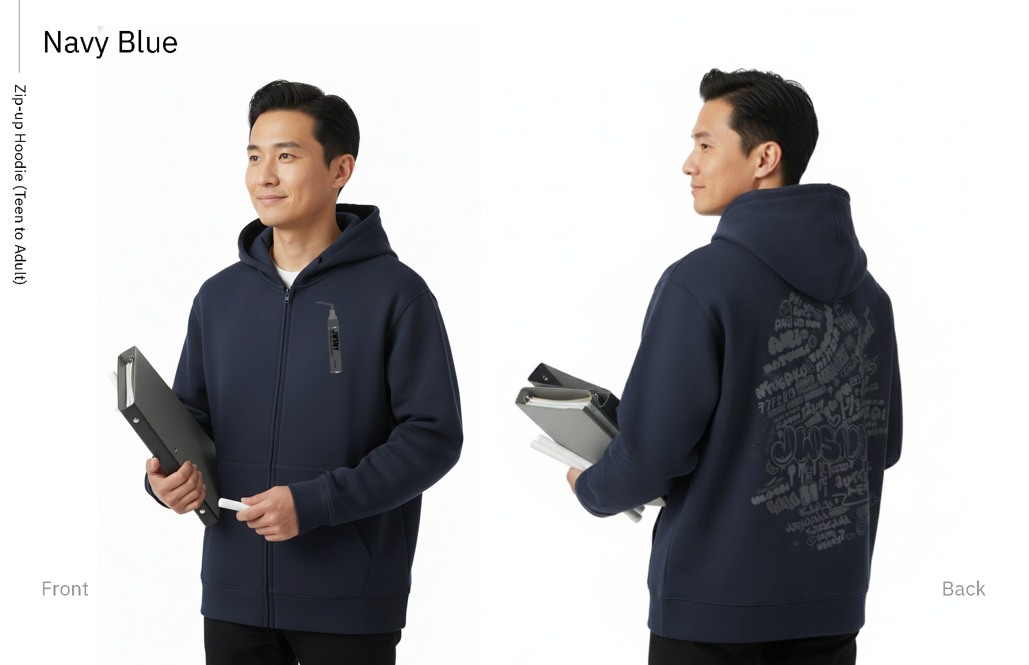 Navy Blue zip-up hoodie styled with everyday layers, front and back