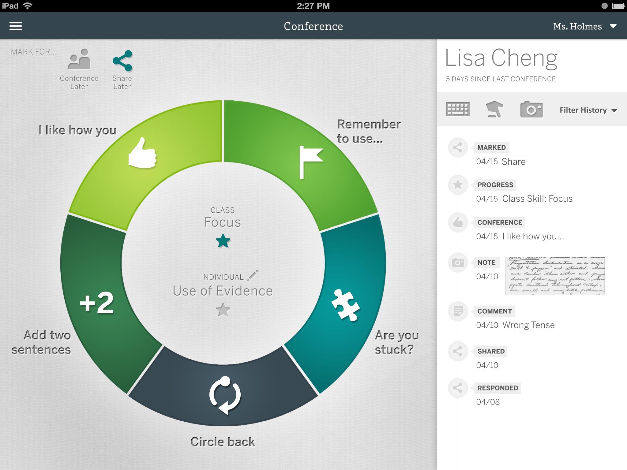 Hummingbird — donut-wheel conference feedback UI with student history