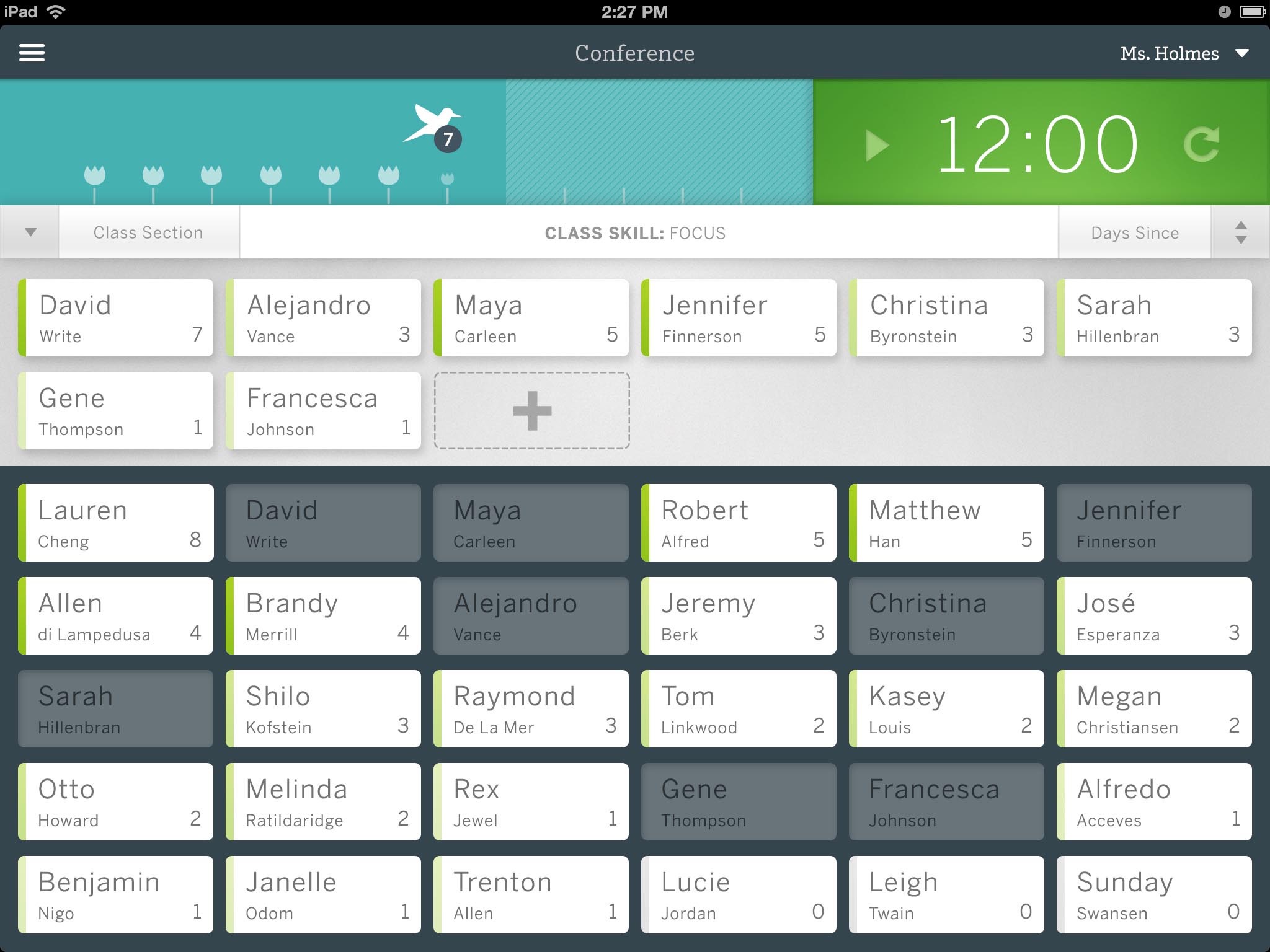 Hummingbird — teal dashboard, full class roster overview