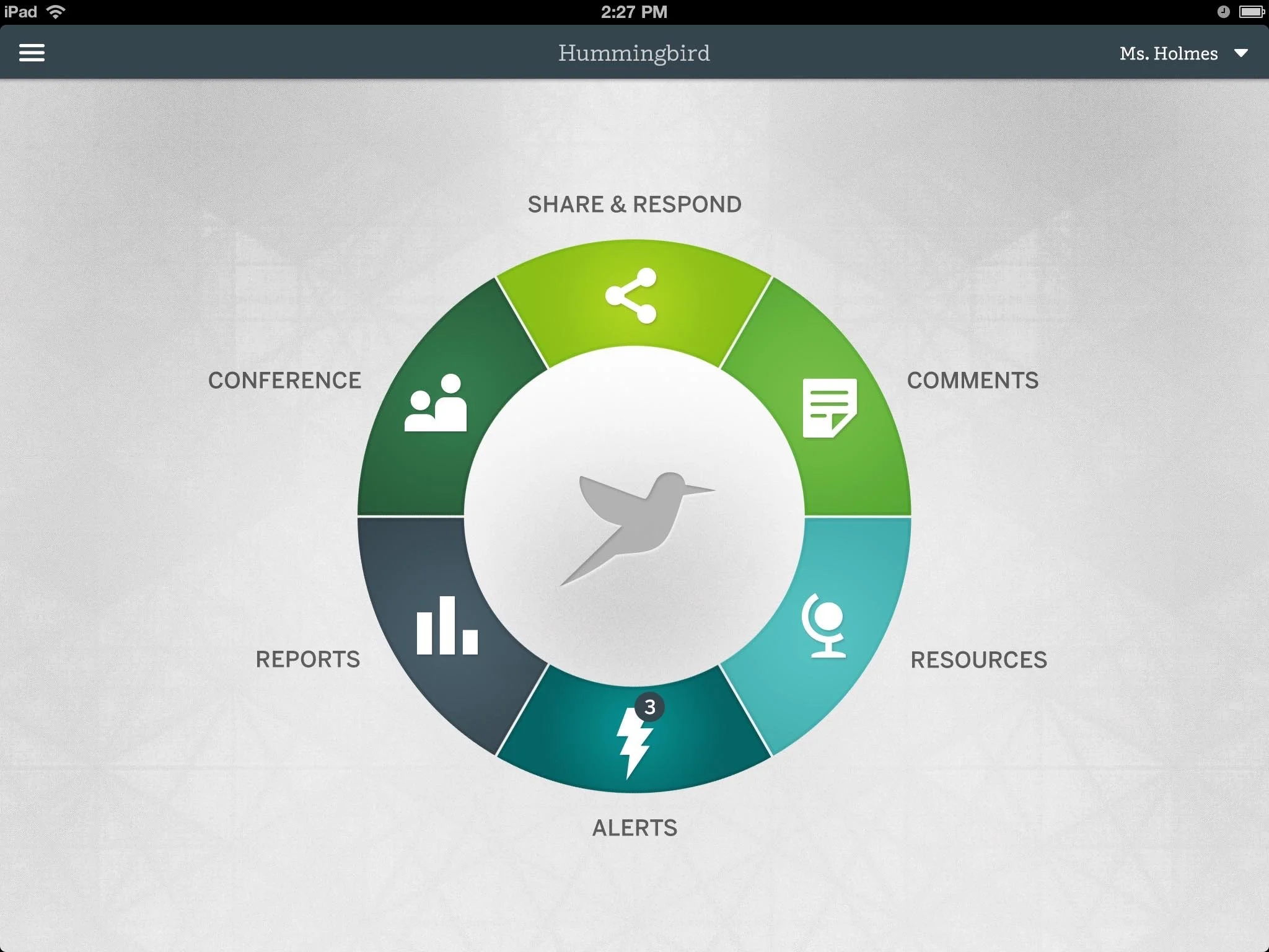 Hummingbird — dashboard hub with donut-wheel radial navigation