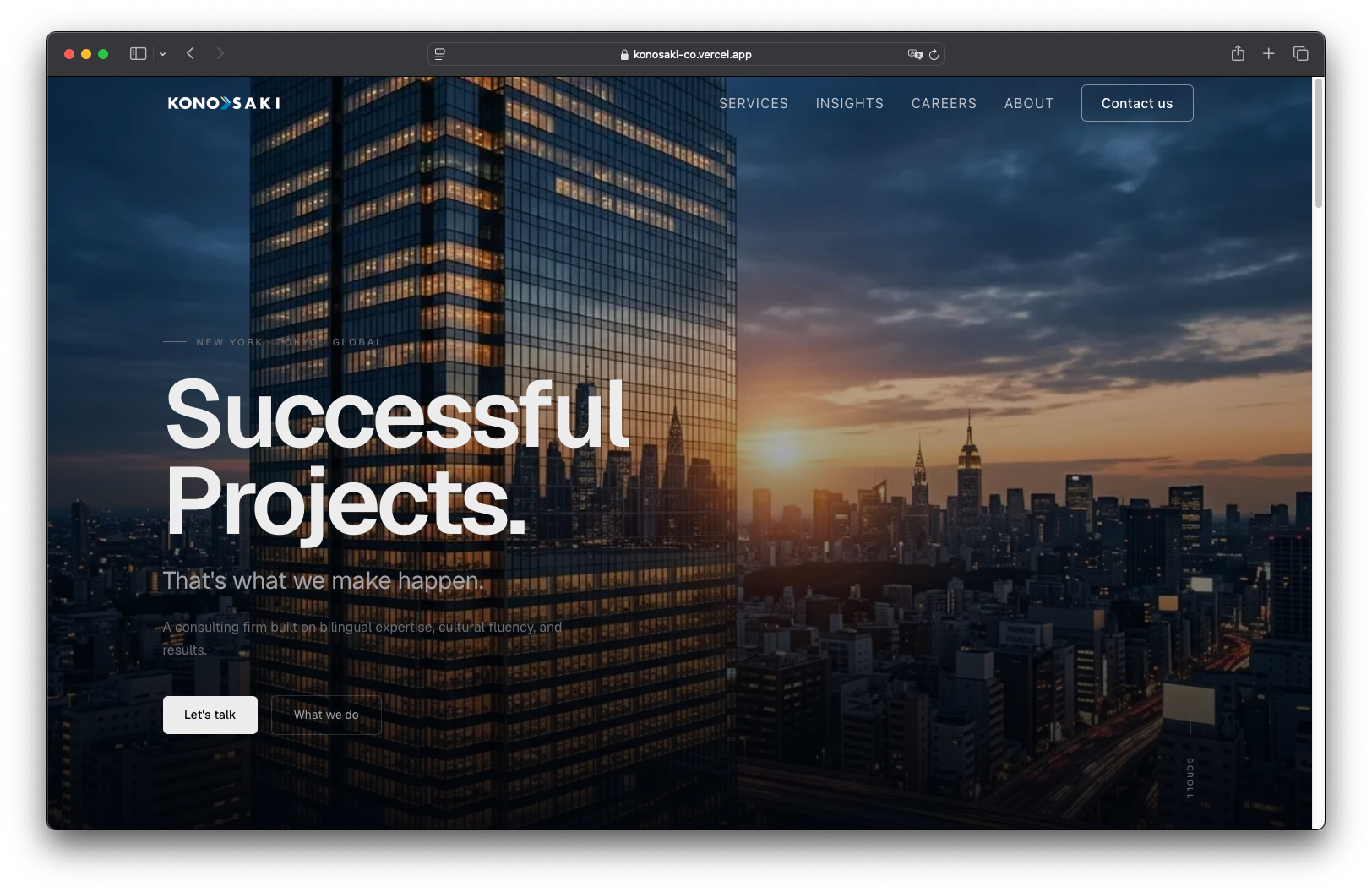 Konosaki homepage hero — parallax bridge concept