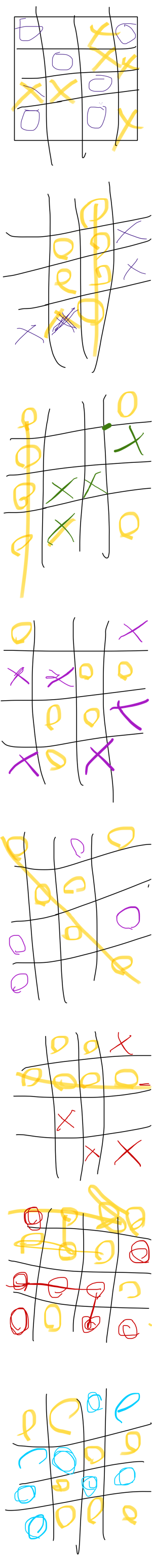 Hand-drawn 4x4 tic-tac-toe games in colored pen, played round after round on paper