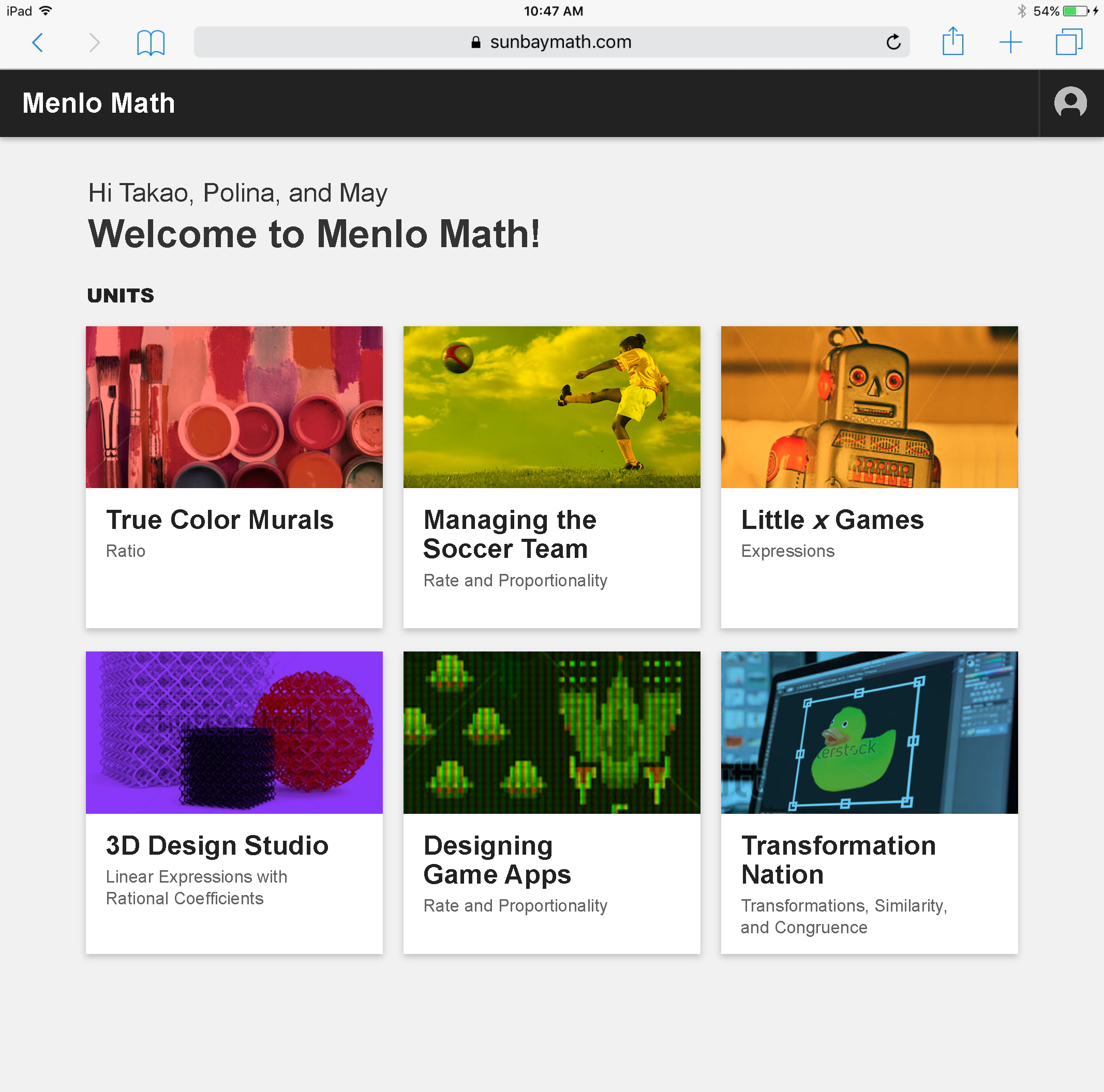 After — Menlo Math home screen, six units shown as a photographic card grid with plain-language subtitles