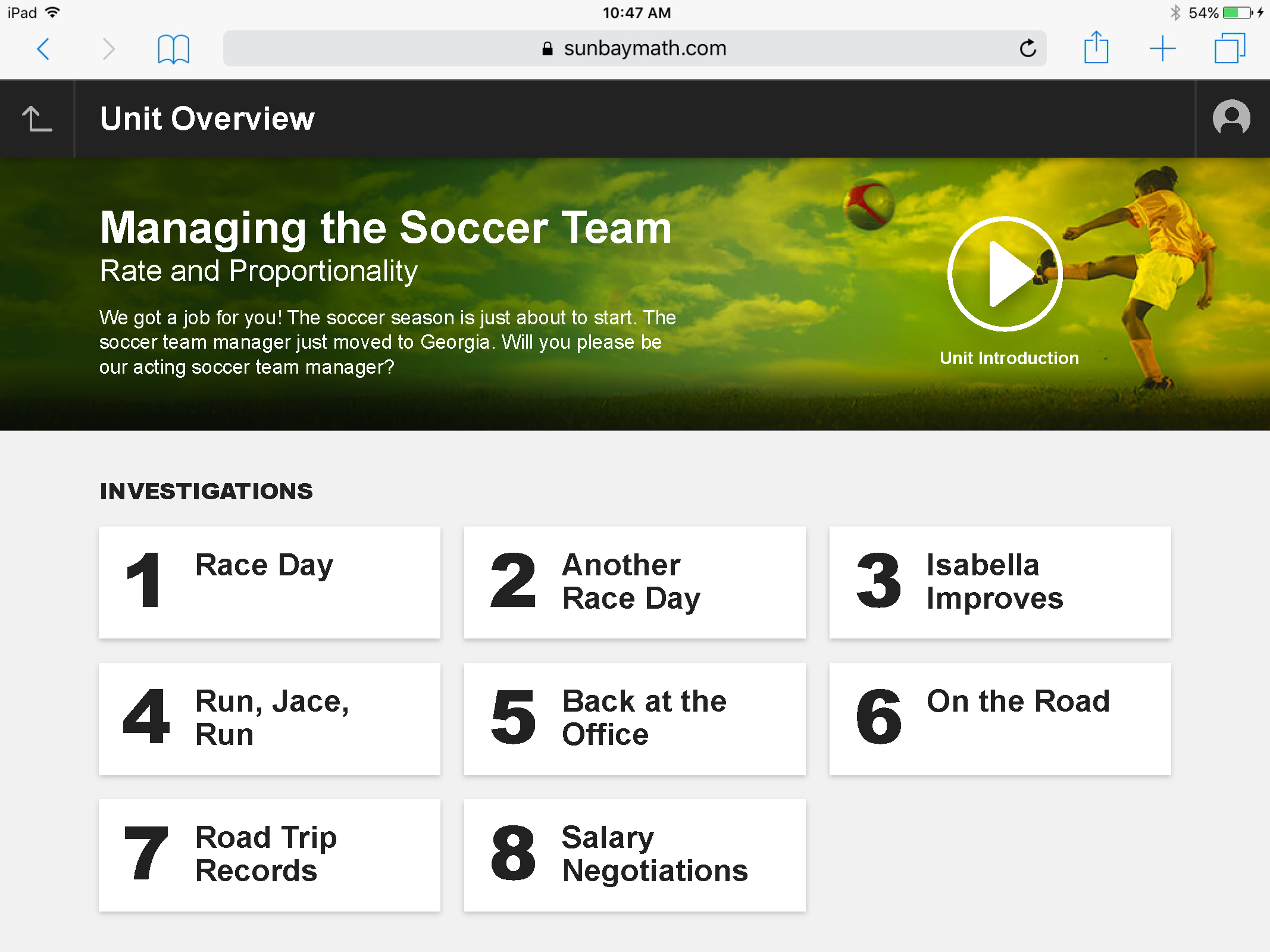 After — Managing the Soccer Team unit overview, narrative framing with investigations laid out as navigable cards