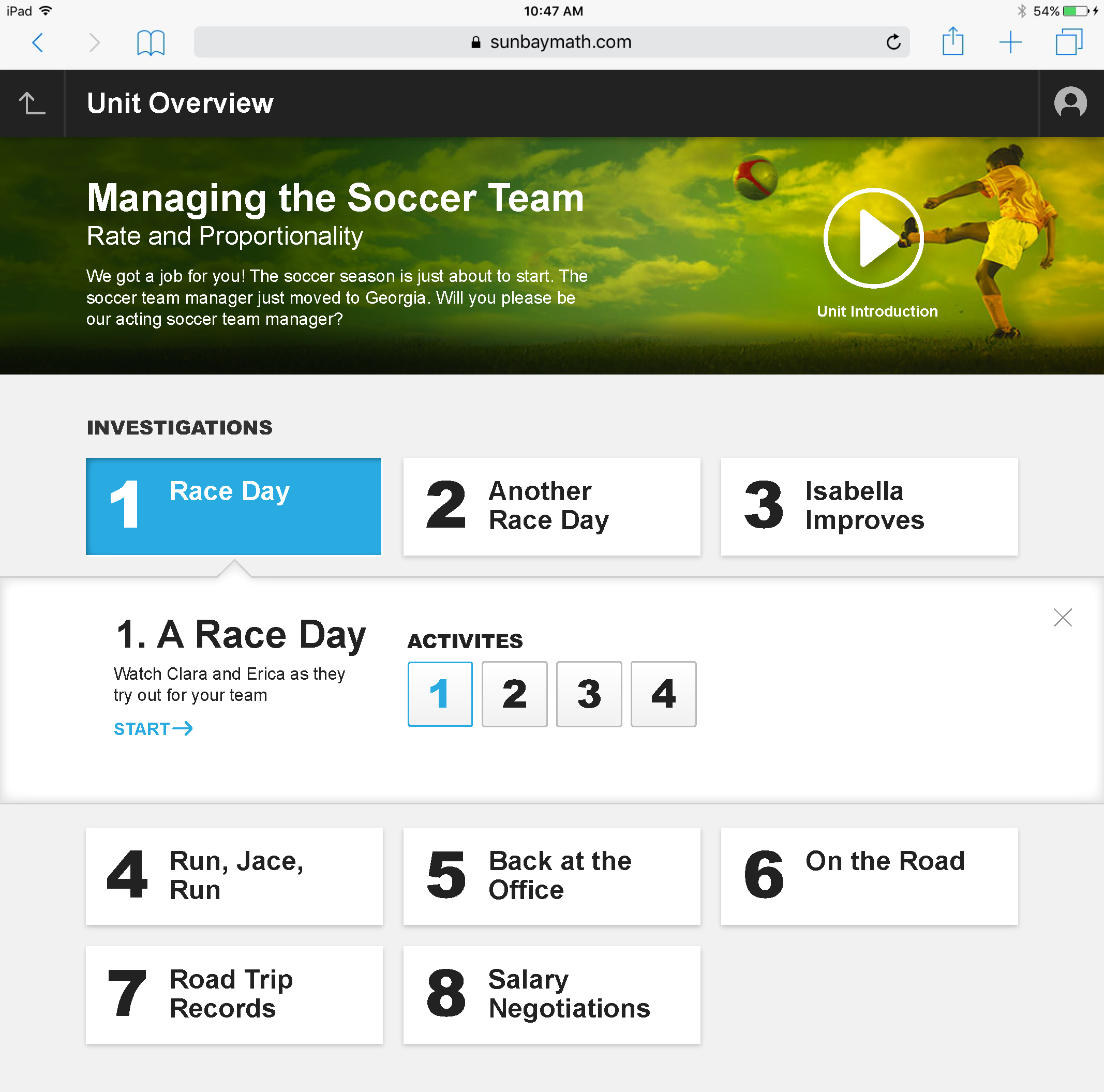 After — Investigation 1, A Race Day, expanded with its own description, activity thumbnails, and a Start action