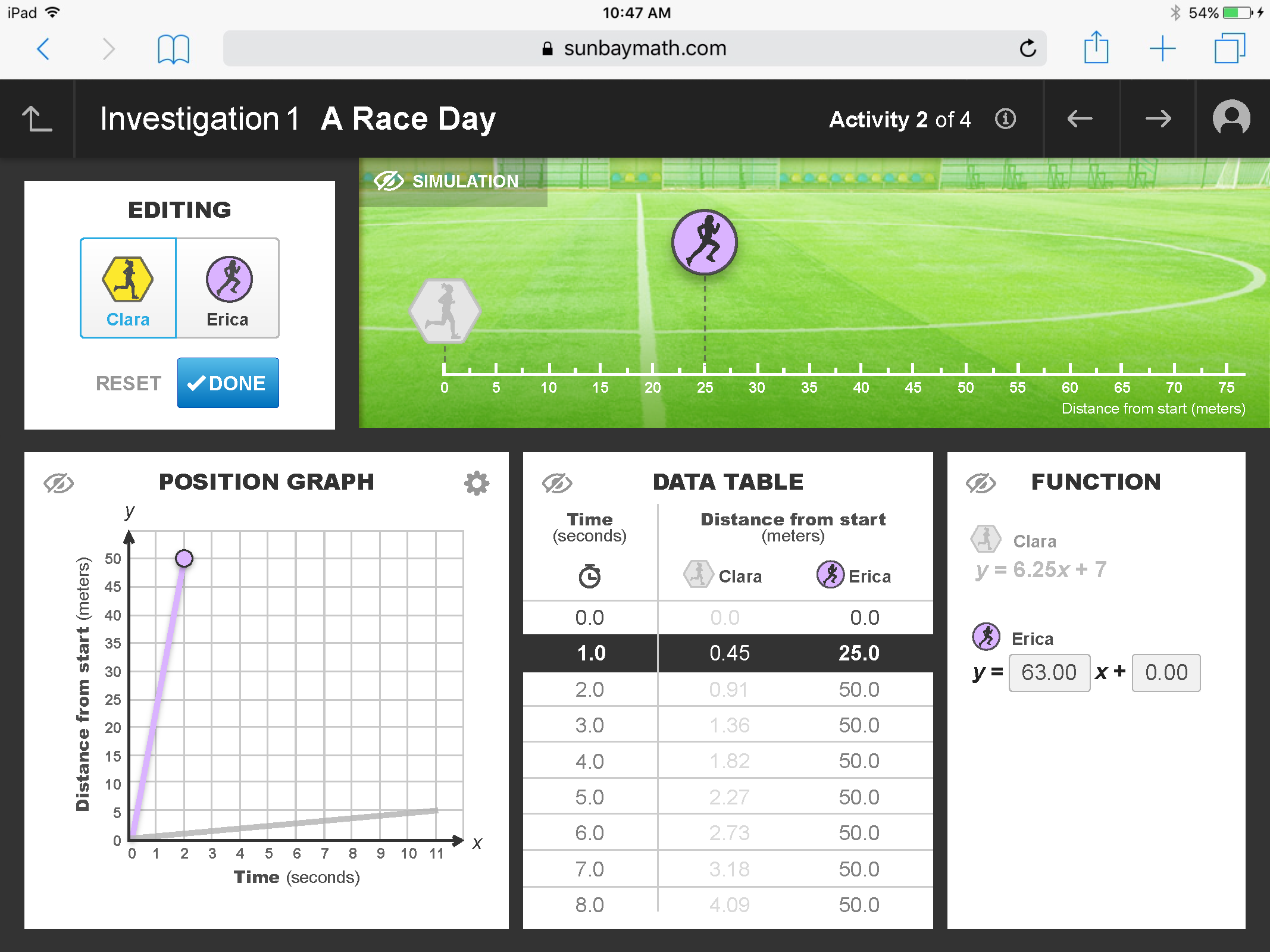 Editing mode for Erica's data — students can compare both runners' functions side by side