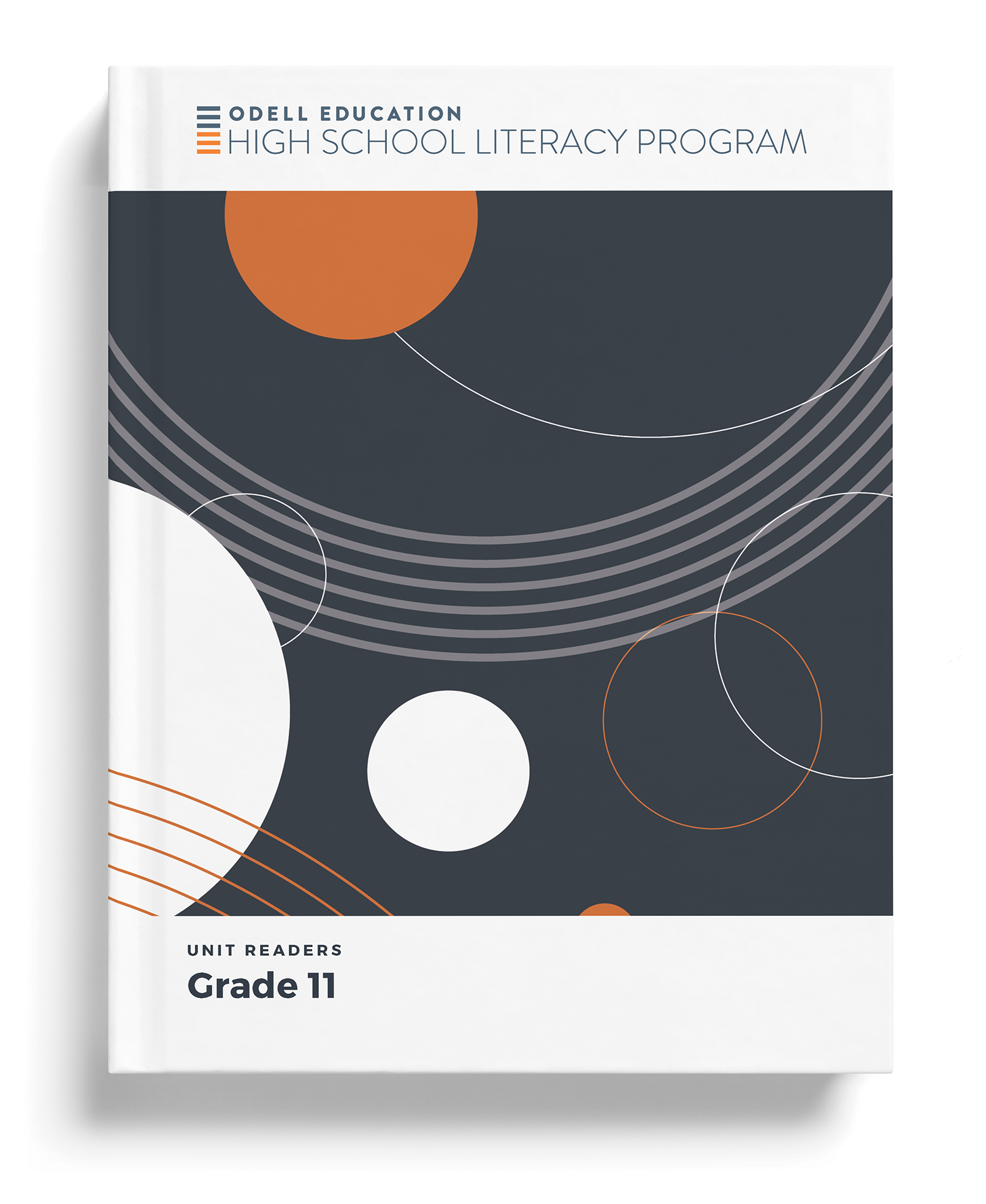 Grade 11 unit readers cover — circles and sweeping lines in navy and orange