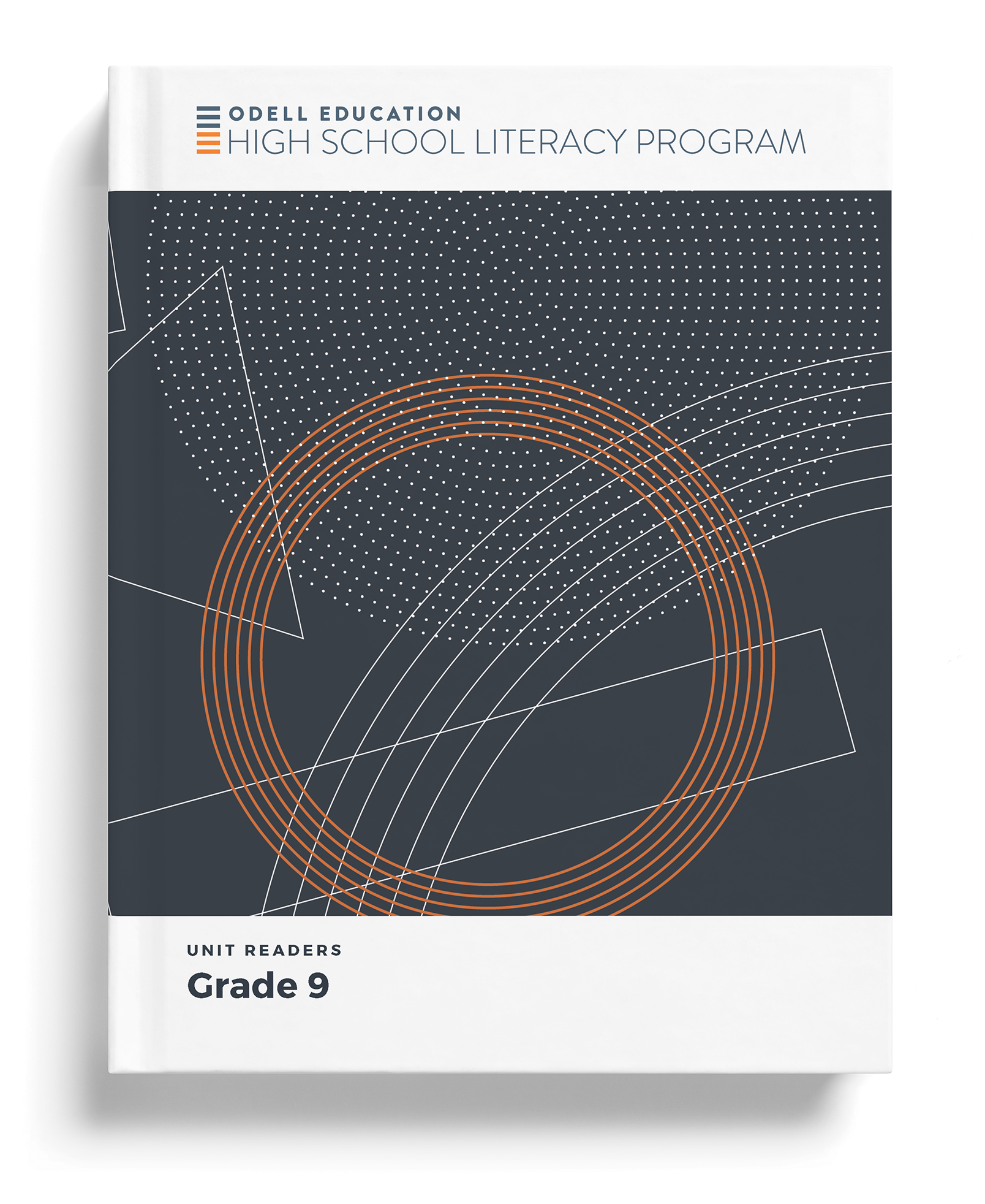 Grade 9 unit readers cover — navy and orange geometric system with concentric arcs