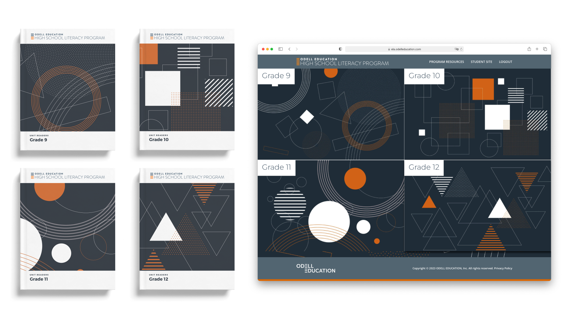 Odell Education grade-level identity system — Grade 9 to 12 covers and program website mockup